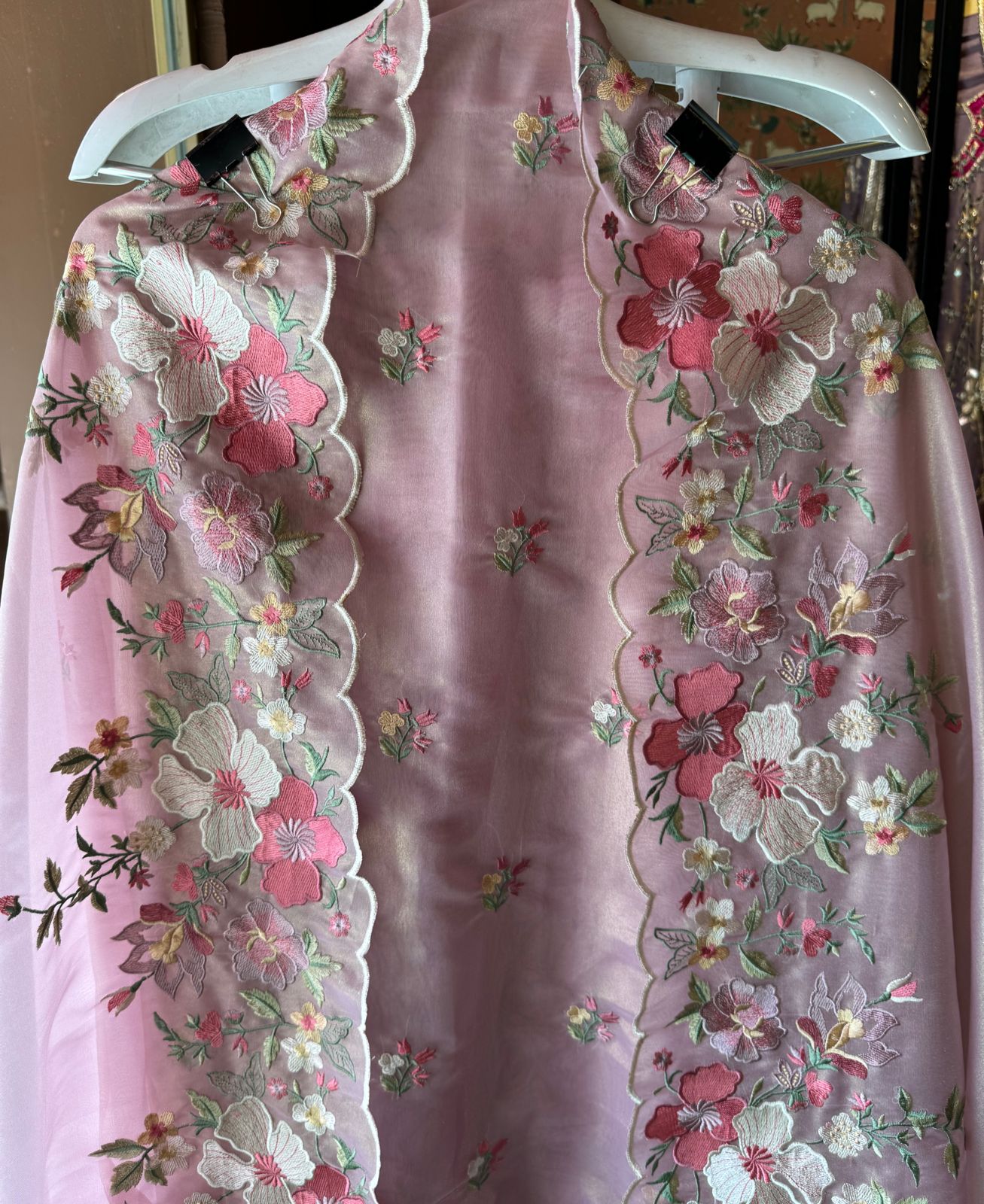 Organza Unstitched suit fabrics with very gorgeous floral threadwork on the ghera with soft Cutwork and scalloping