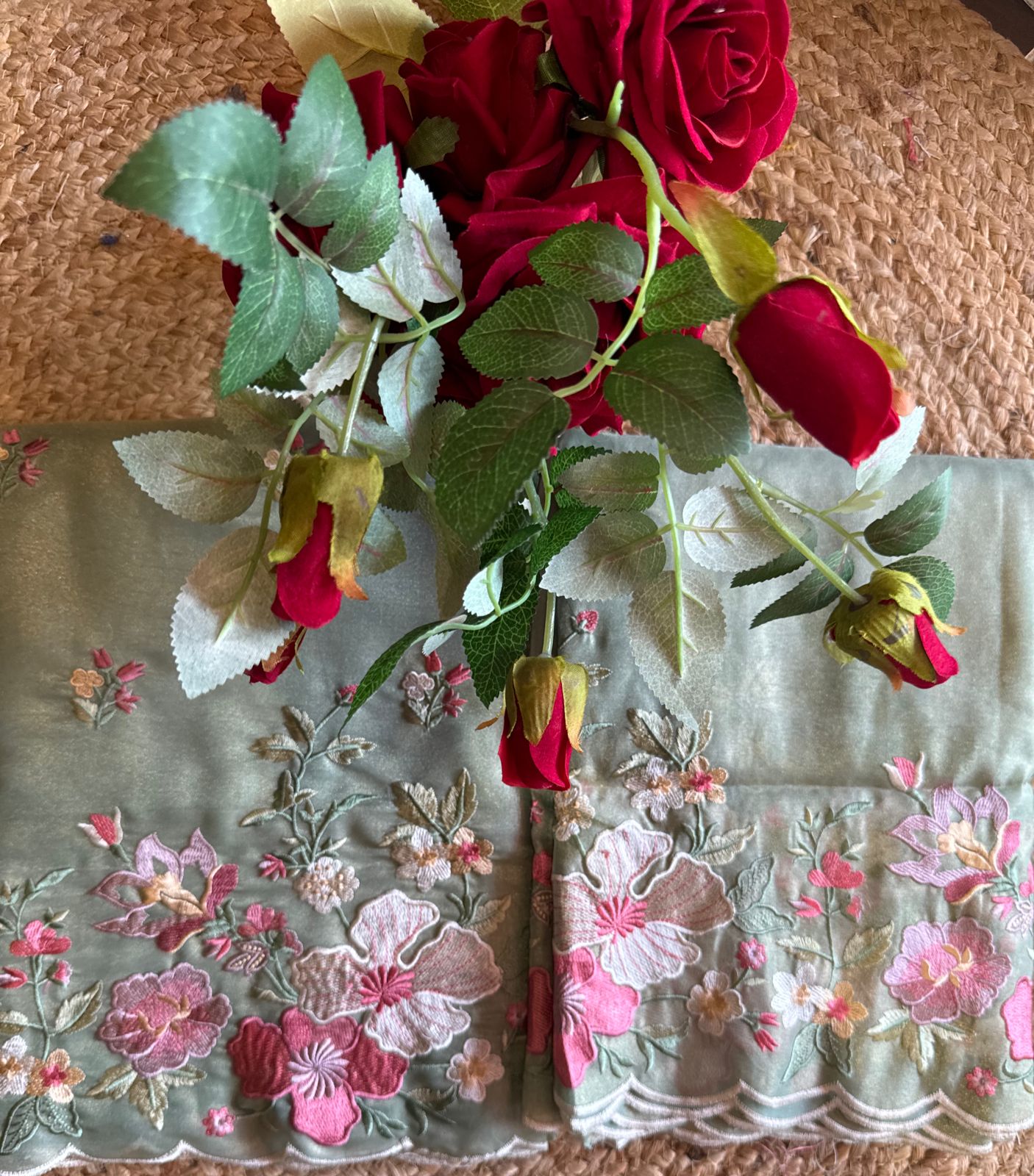 Organza Unstitched suit fabrics with very gorgeous floral threadwork on the ghera with soft Cutwork and scalloping