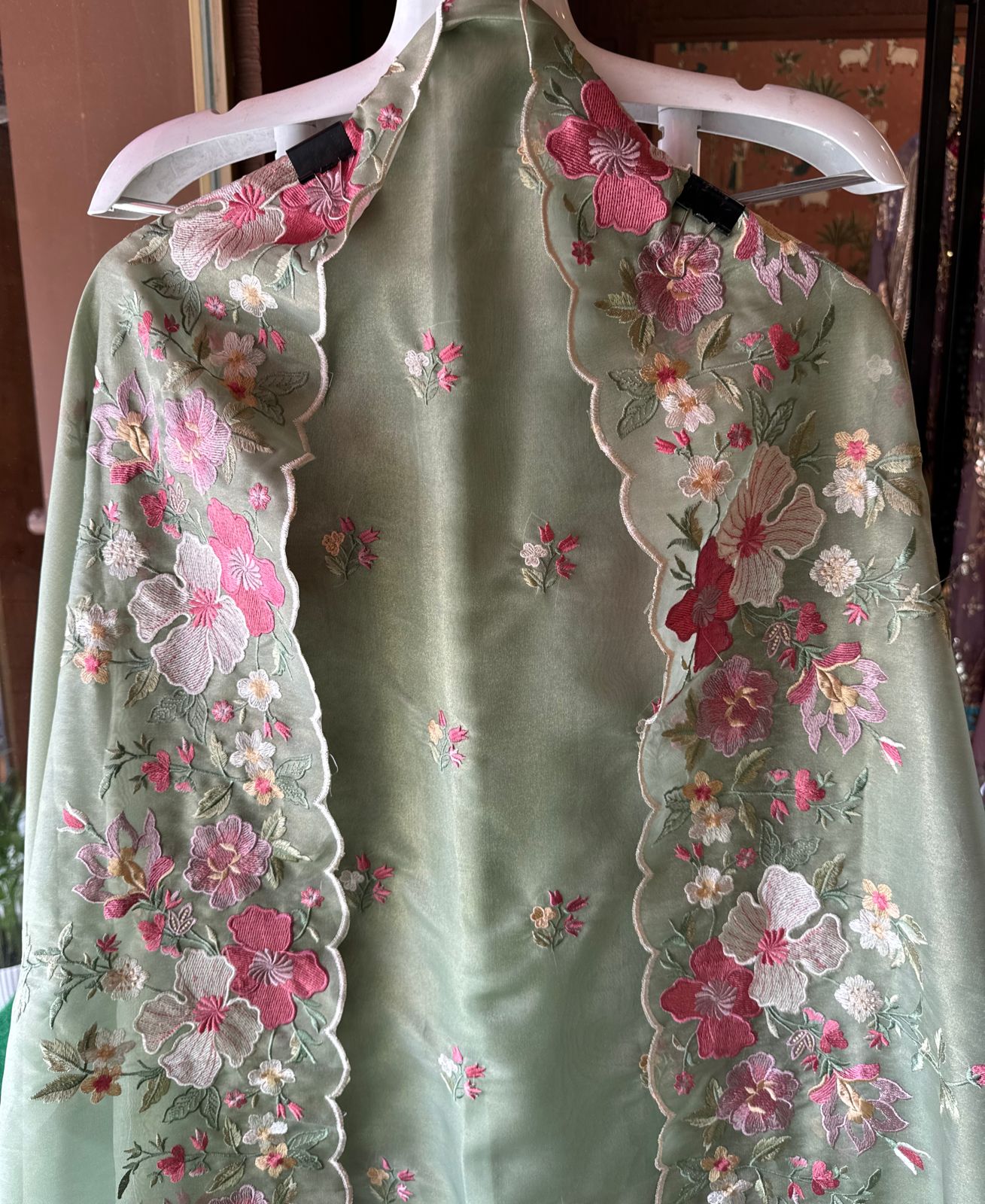 Organza Unstitched suit fabrics with very gorgeous floral threadwork on the ghera with soft Cutwork and scalloping