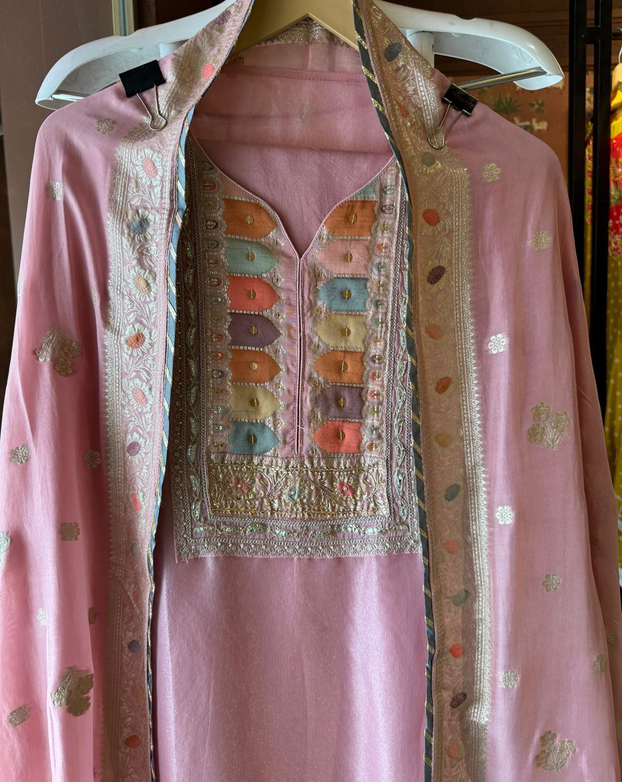 Shimmer tissue Unstitched Shirt with Sabyasachi inspired Neckline and Saaman Colourful cushioned pattern with sequence and Dori work detailings.