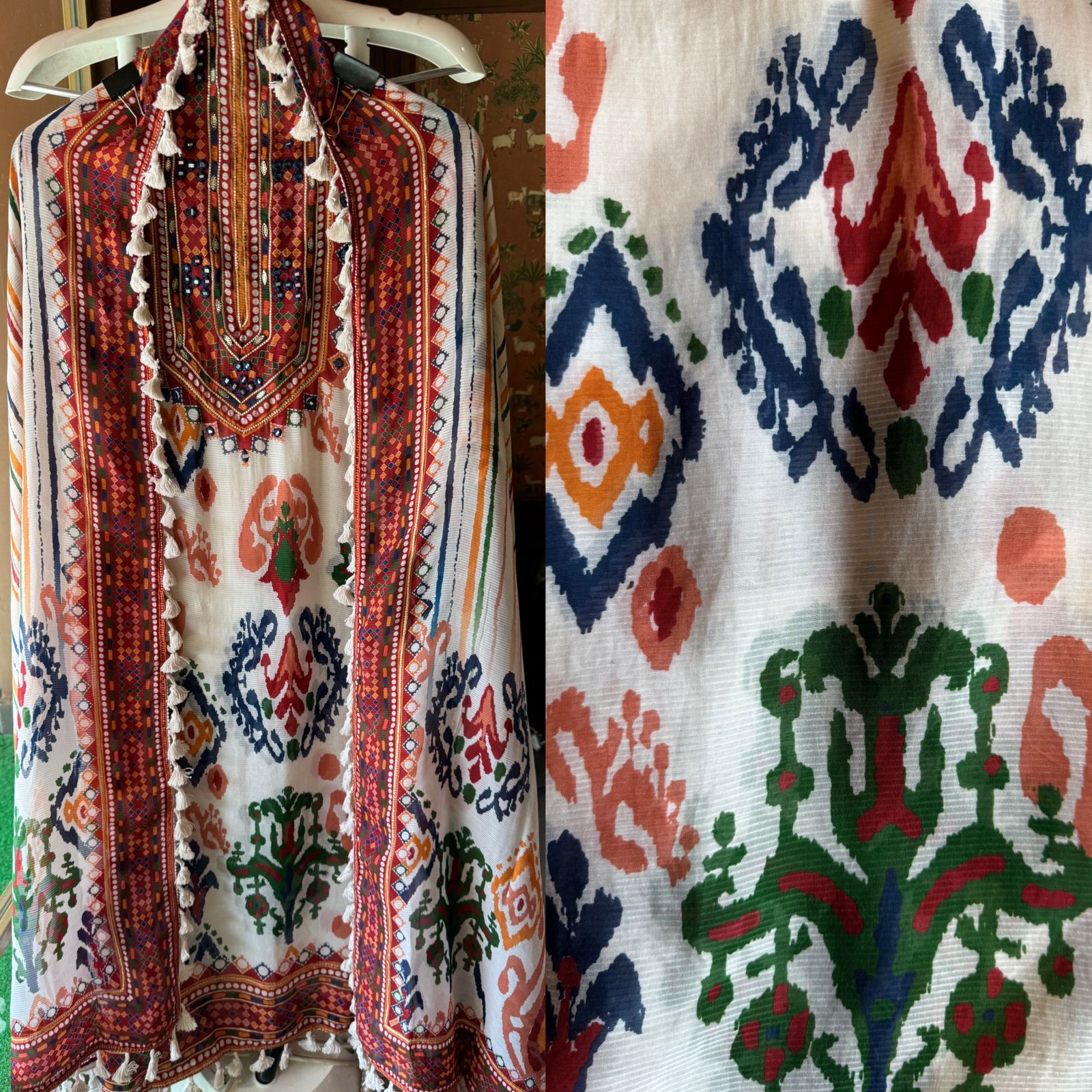 Self organza unstitched shirt kurta with ikkat digital printing done on the full shirt front and back as well.