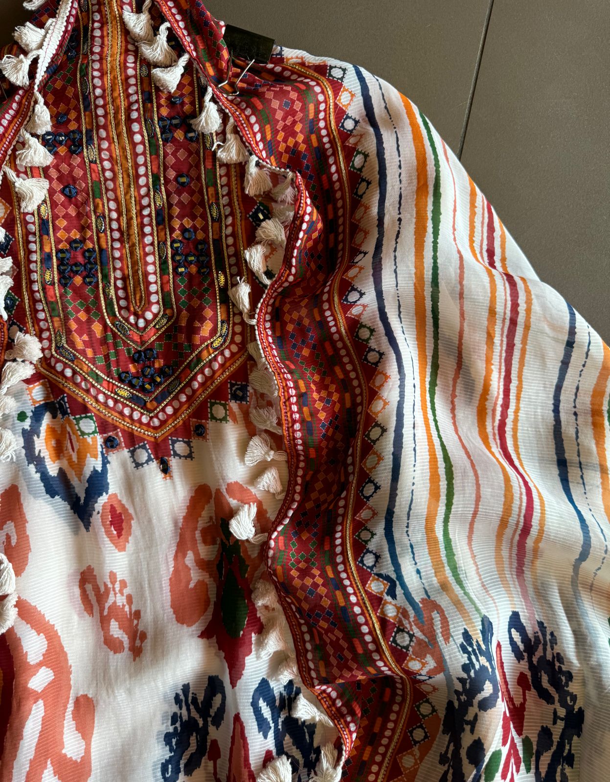 Self organza unstitched shirt kurta with ikkat digital printing done on the full shirt front and back as well.