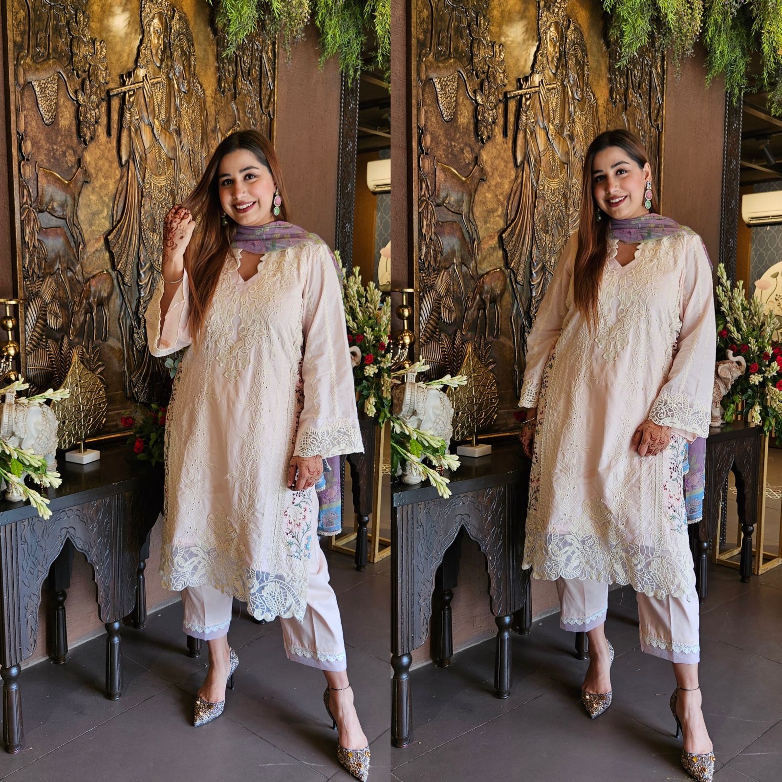 Beautiful thread embroidered Pakistani suit with Digital printed chiffon dupatta.