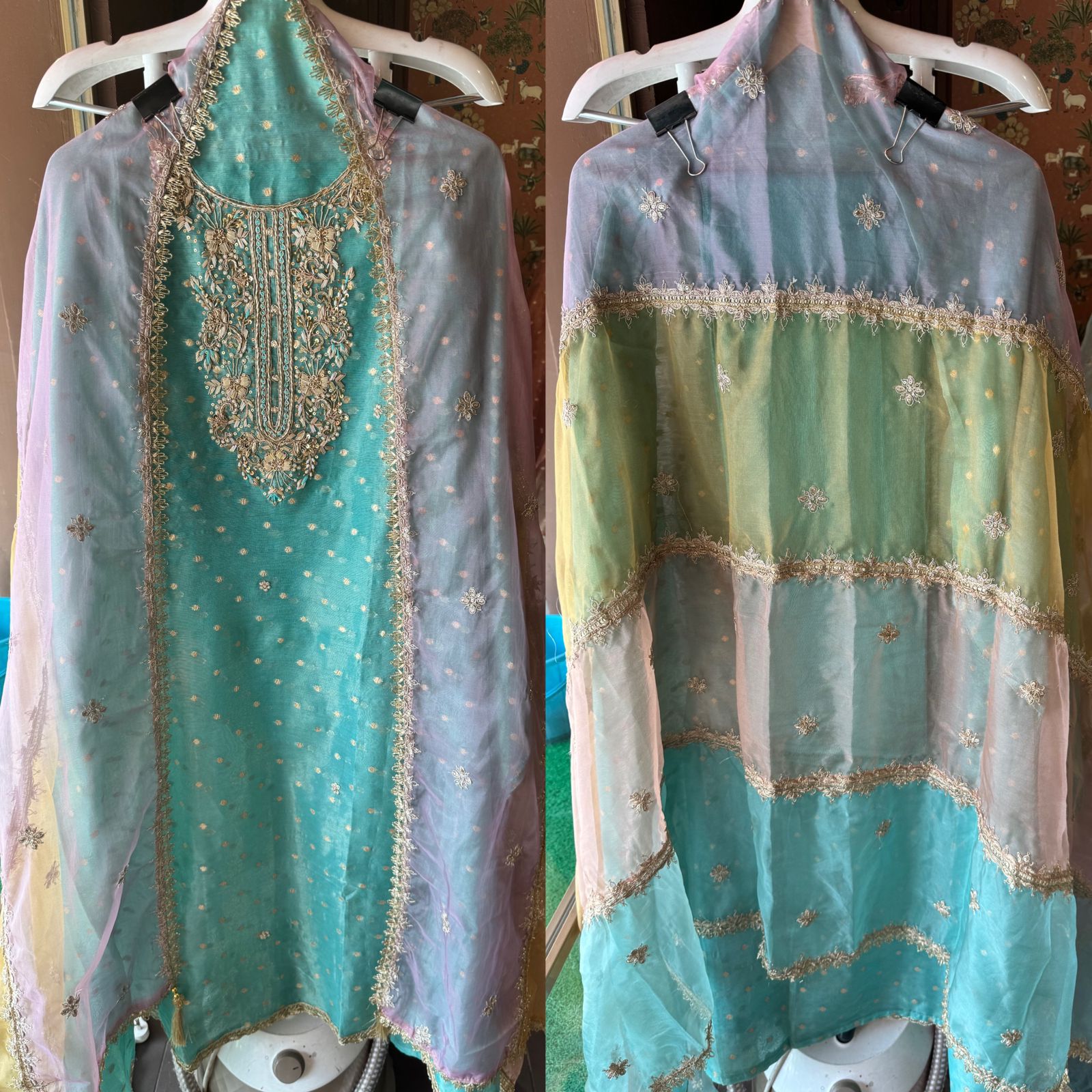 Pure chanderi Unstitched Shirt with Dabka work detailings with pearl and beadwork done on the neckline