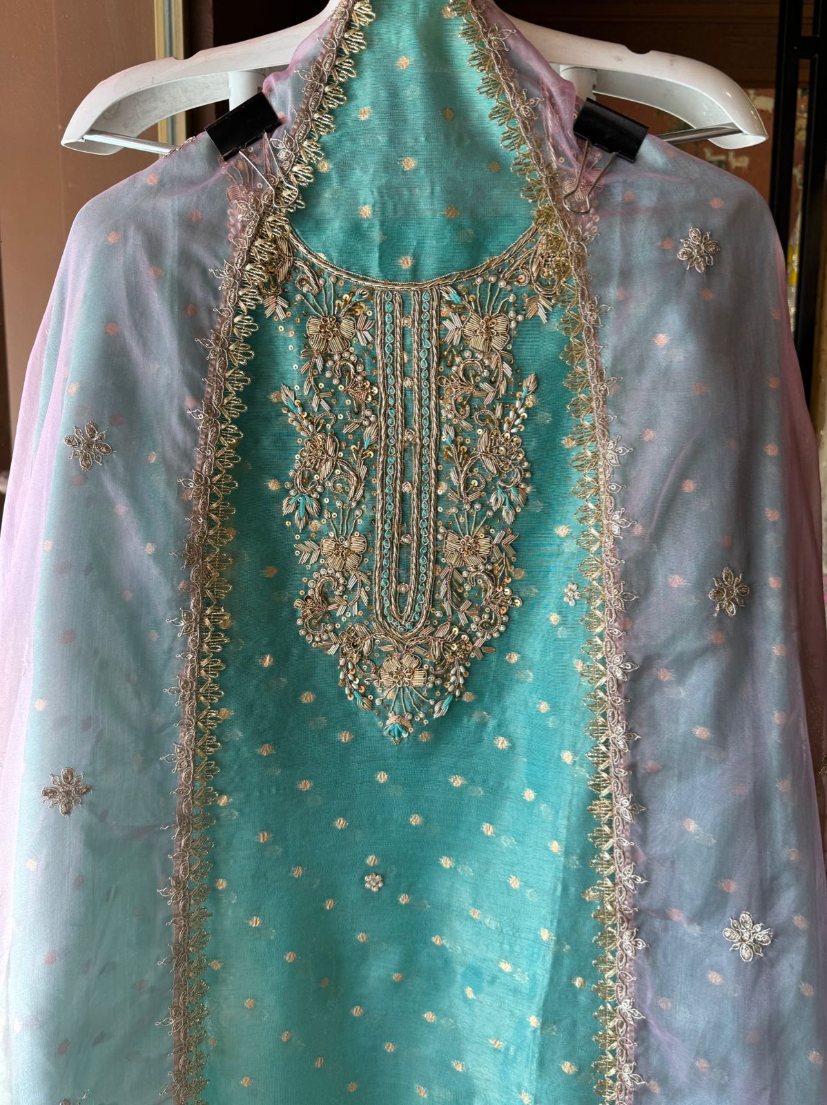 Pure chanderi Unstitched Shirt with Dabka work detailings with pearl and beadwork done on the neckline