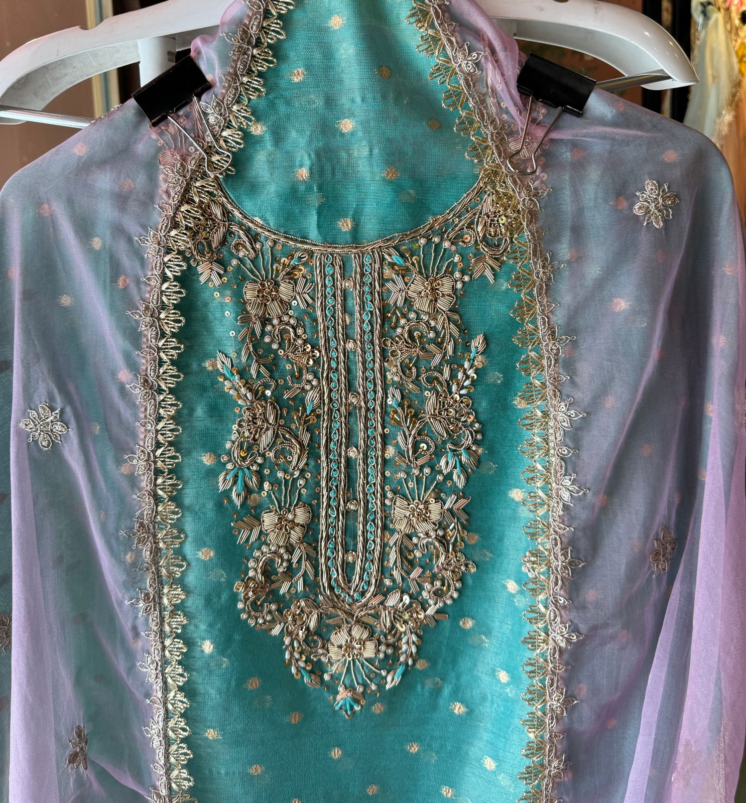 Pure chanderi Unstitched Shirt with Dabka work detailings with pearl and beadwork done on the neckline