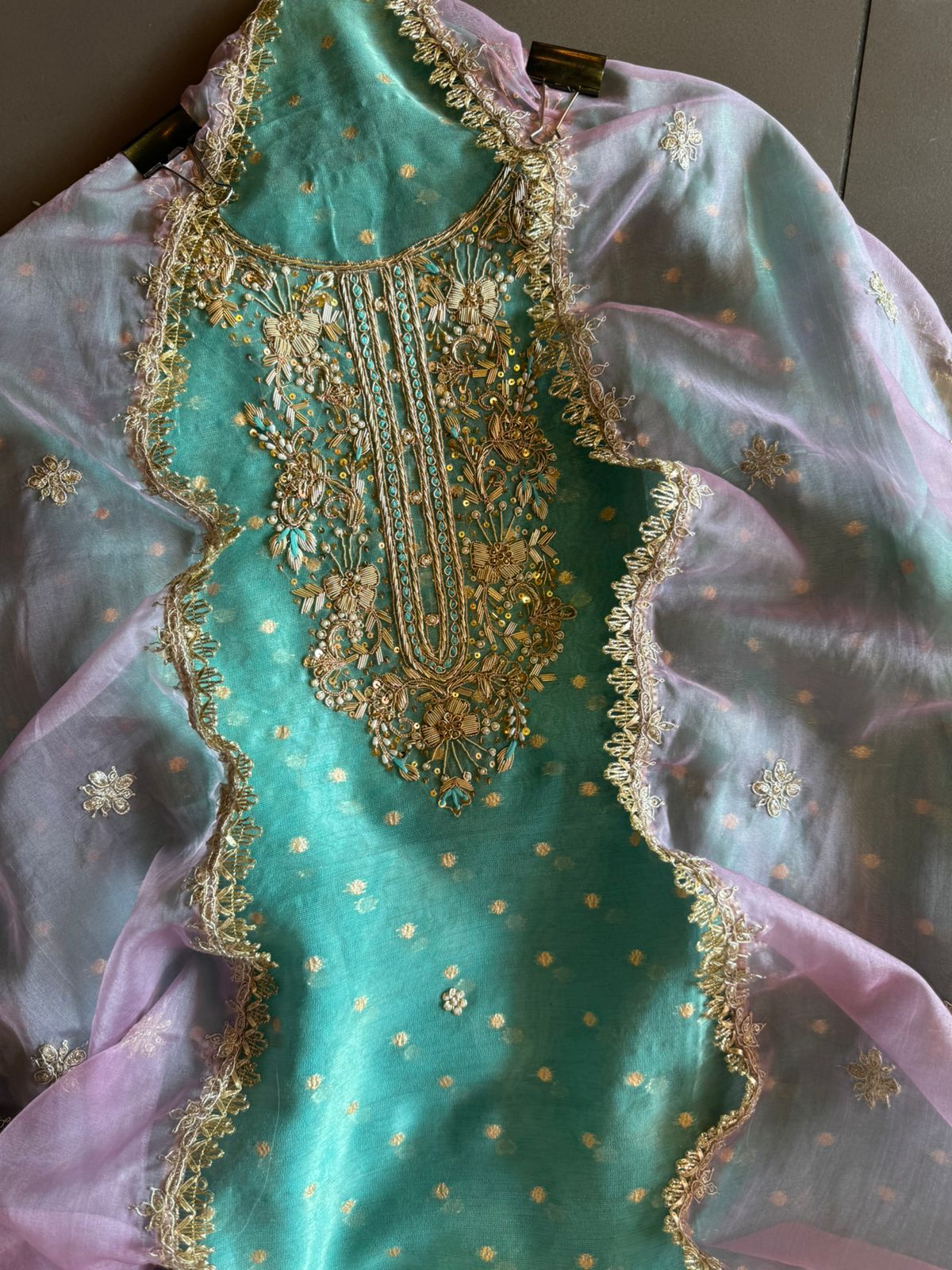 Pure chanderi Unstitched Shirt with Dabka work detailings with pearl and beadwork done on the neckline