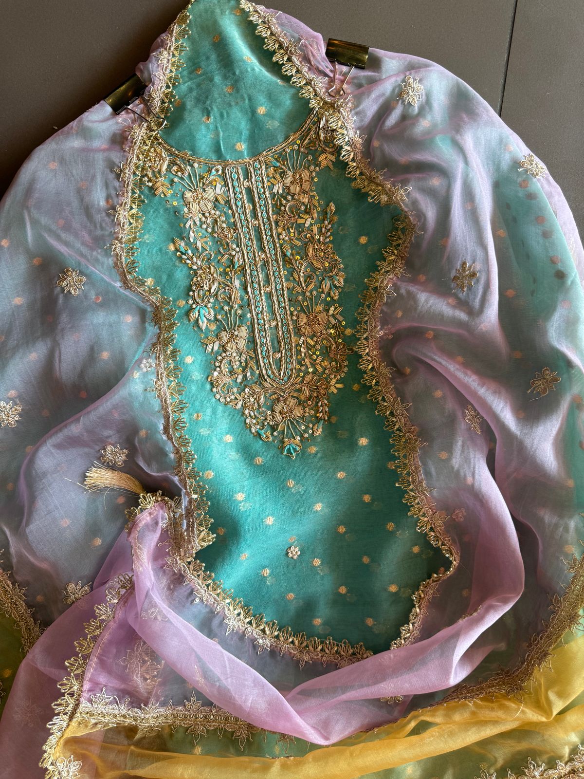 Pure chanderi Unstitched Shirt with Dabka work detailings with pearl and beadwork done on the neckline