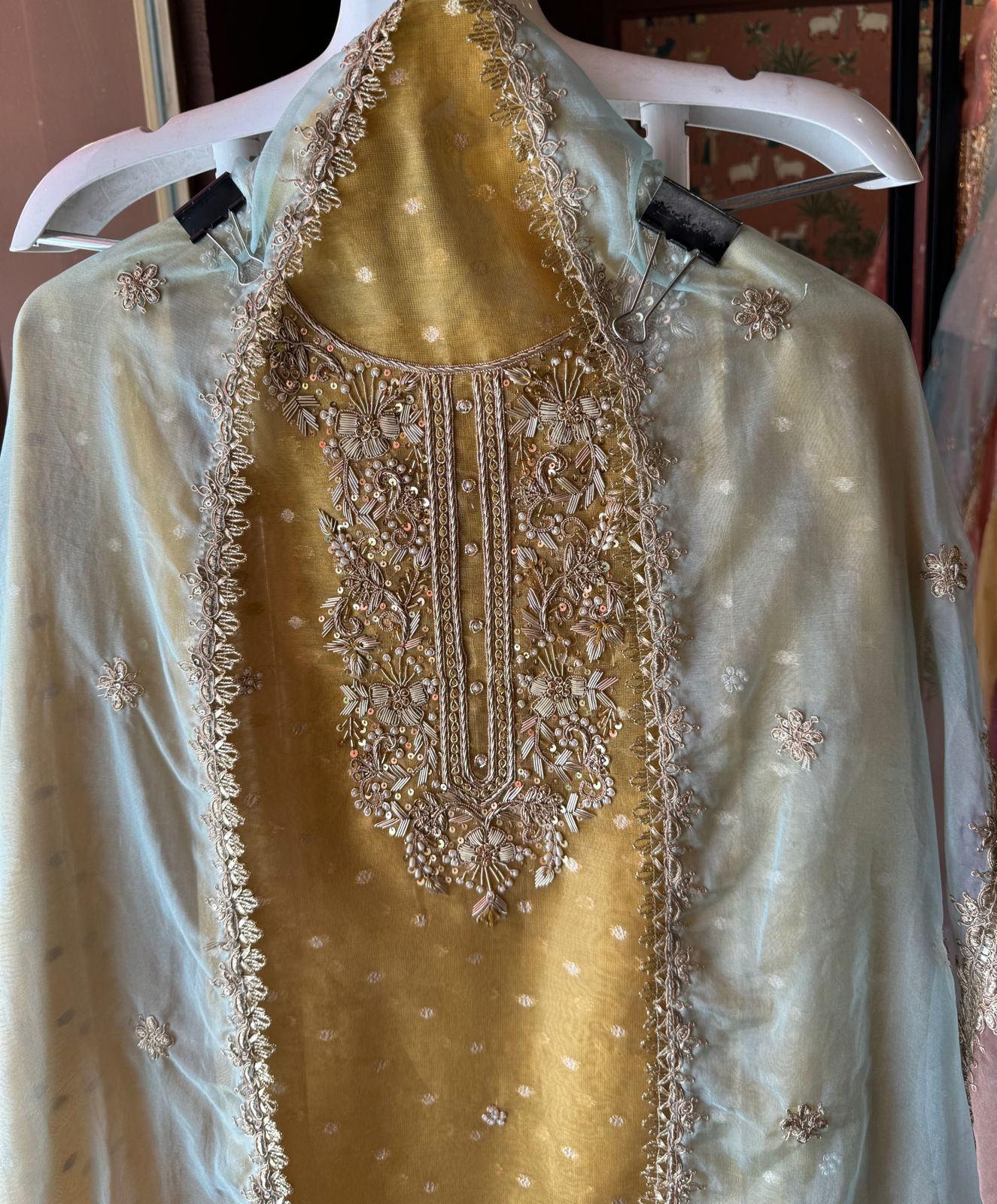 Pure chanderi Unstitched Shirt with Dabka work detailings with pearl and beadwork done on the neckline