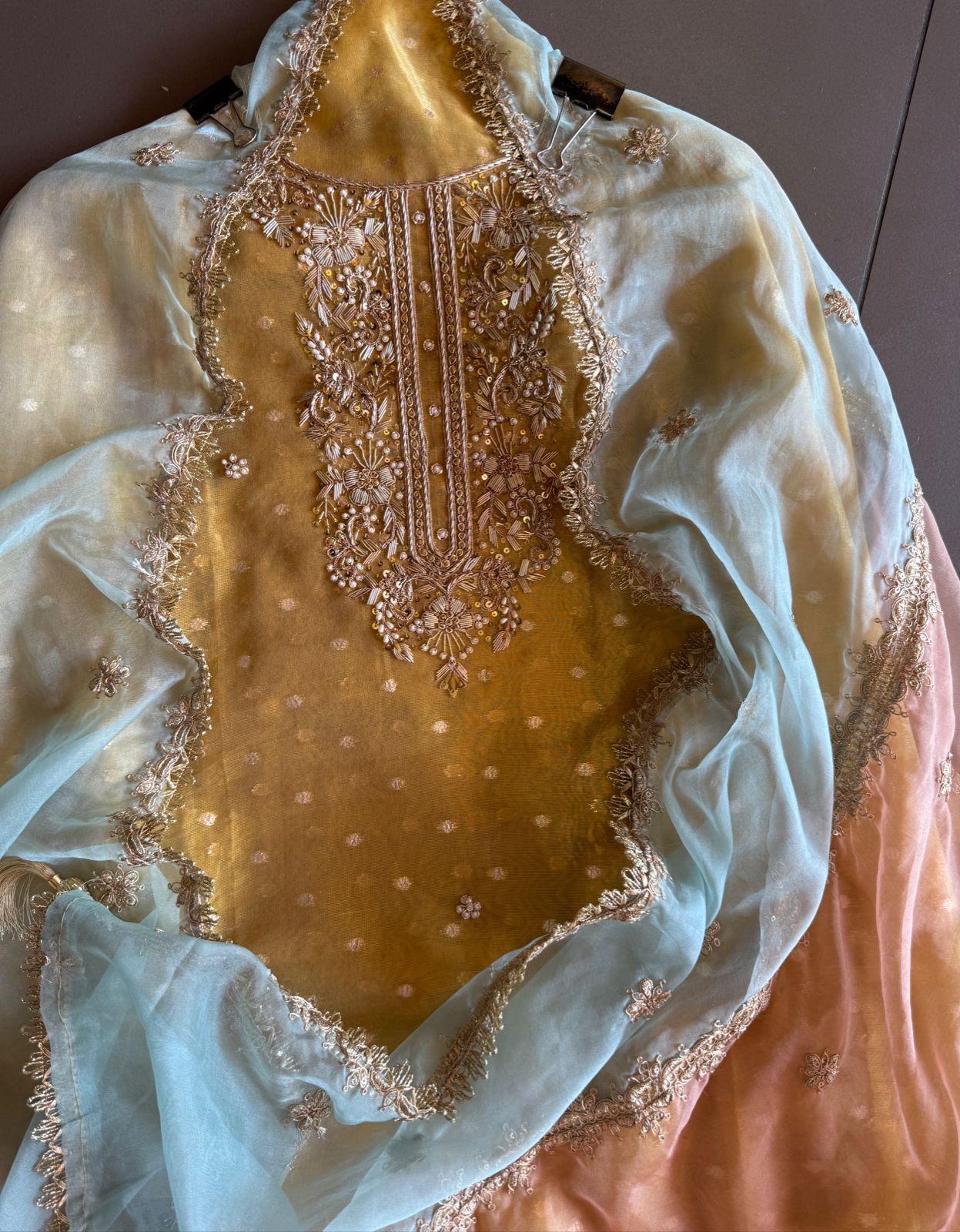 Pure chanderi Unstitched Shirt with Dabka work detailings with pearl and beadwork done on the neckline