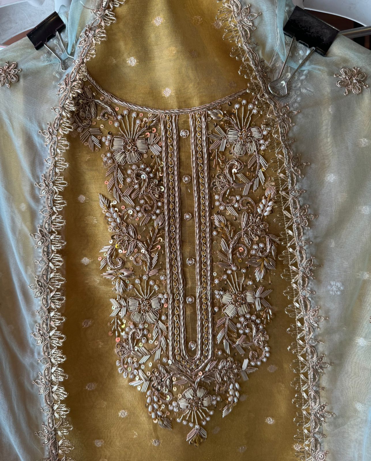 Pure chanderi Unstitched Shirt with Dabka work detailings with pearl and beadwork done on the neckline