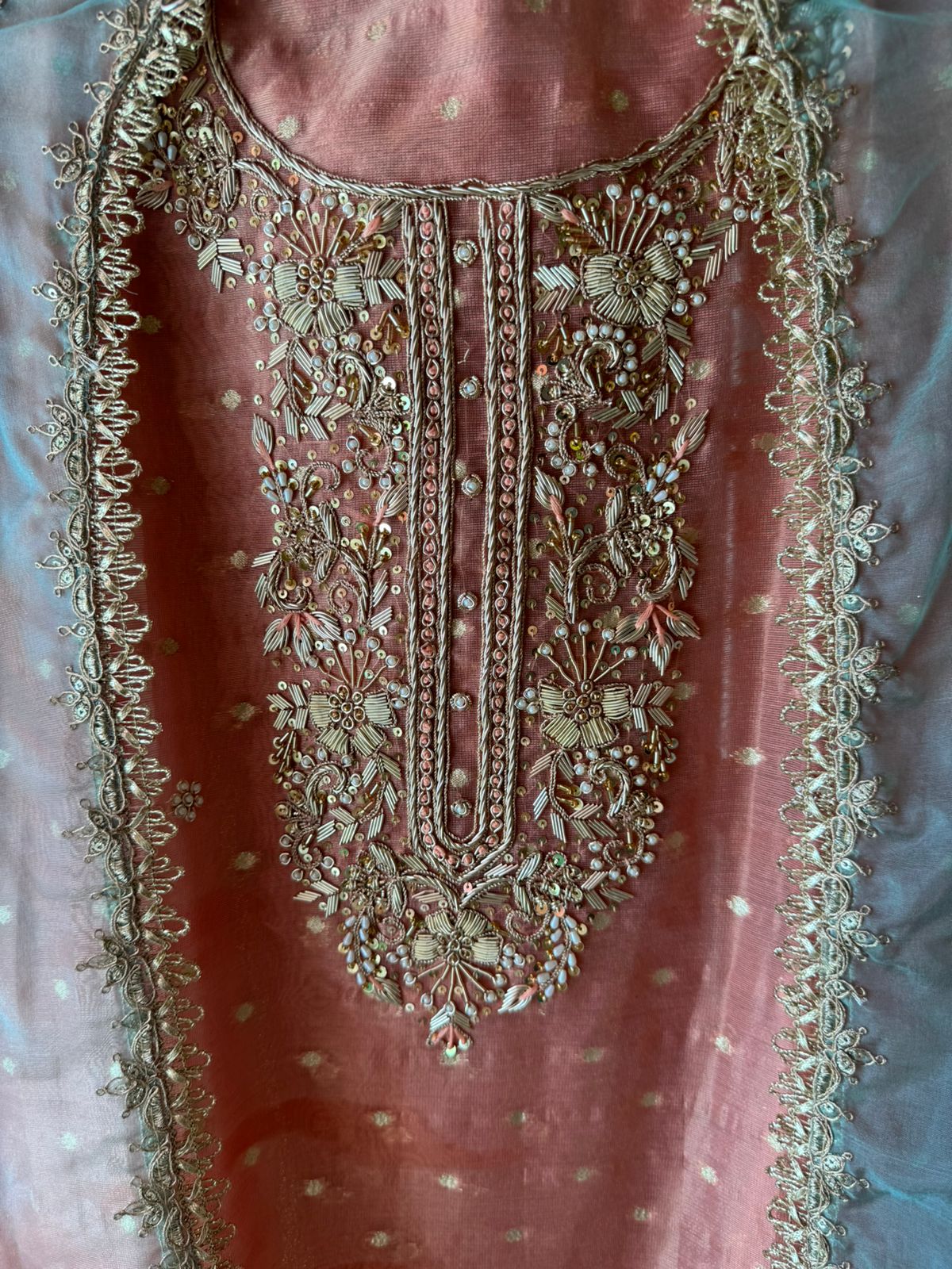 Pure chanderi Unstitched Shirt with Dabka work detailings with pearl and beadwork done on the neckline