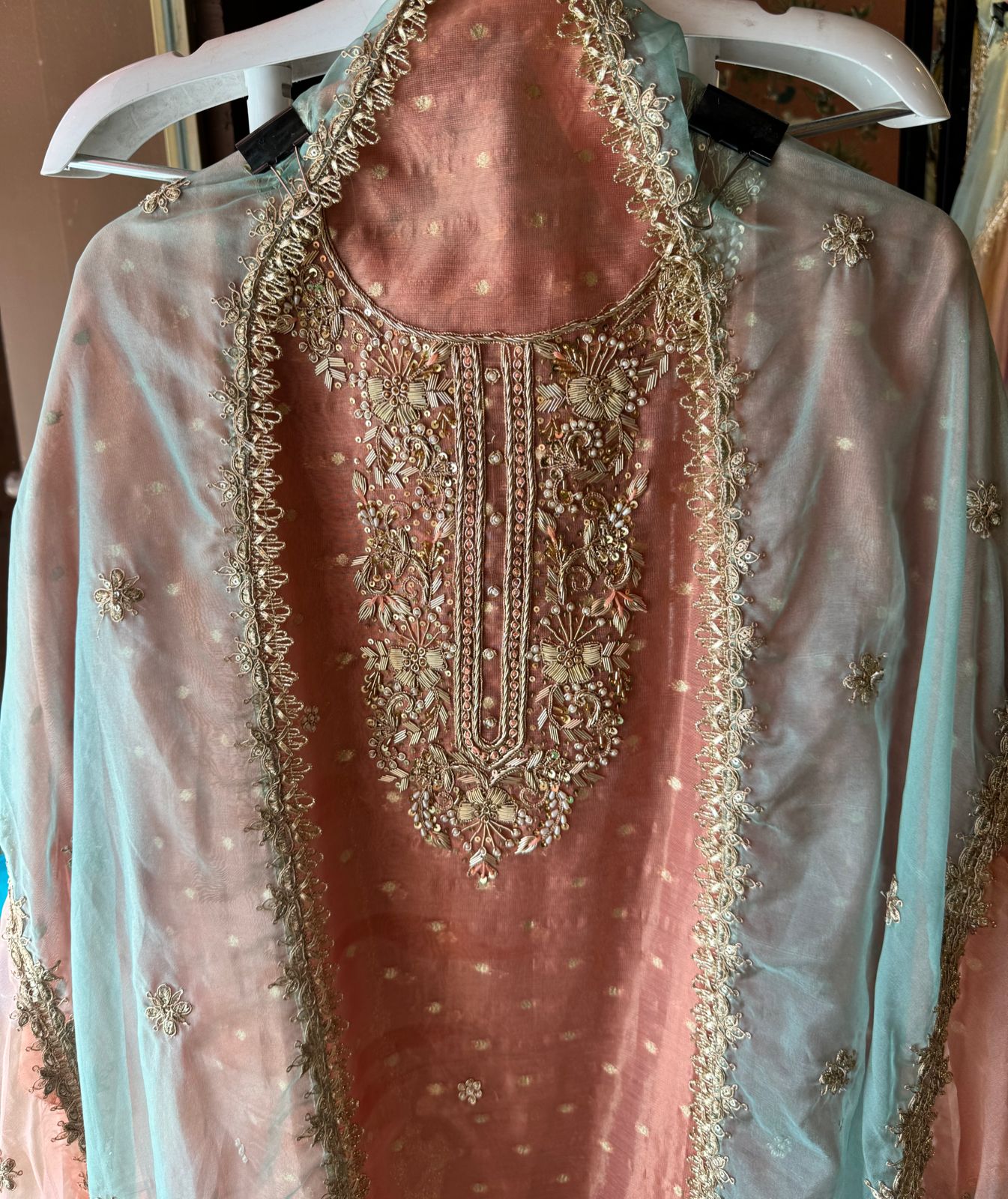 Pure chanderi Unstitched Shirt with Dabka work detailings with pearl and beadwork done on the neckline
