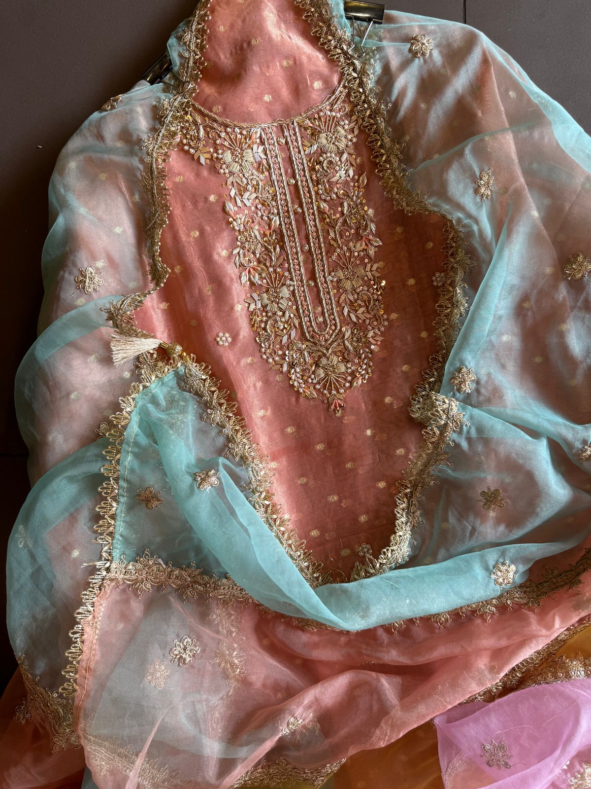 Pure chanderi Unstitched Shirt with Dabka work detailings with pearl and beadwork done on the neckline