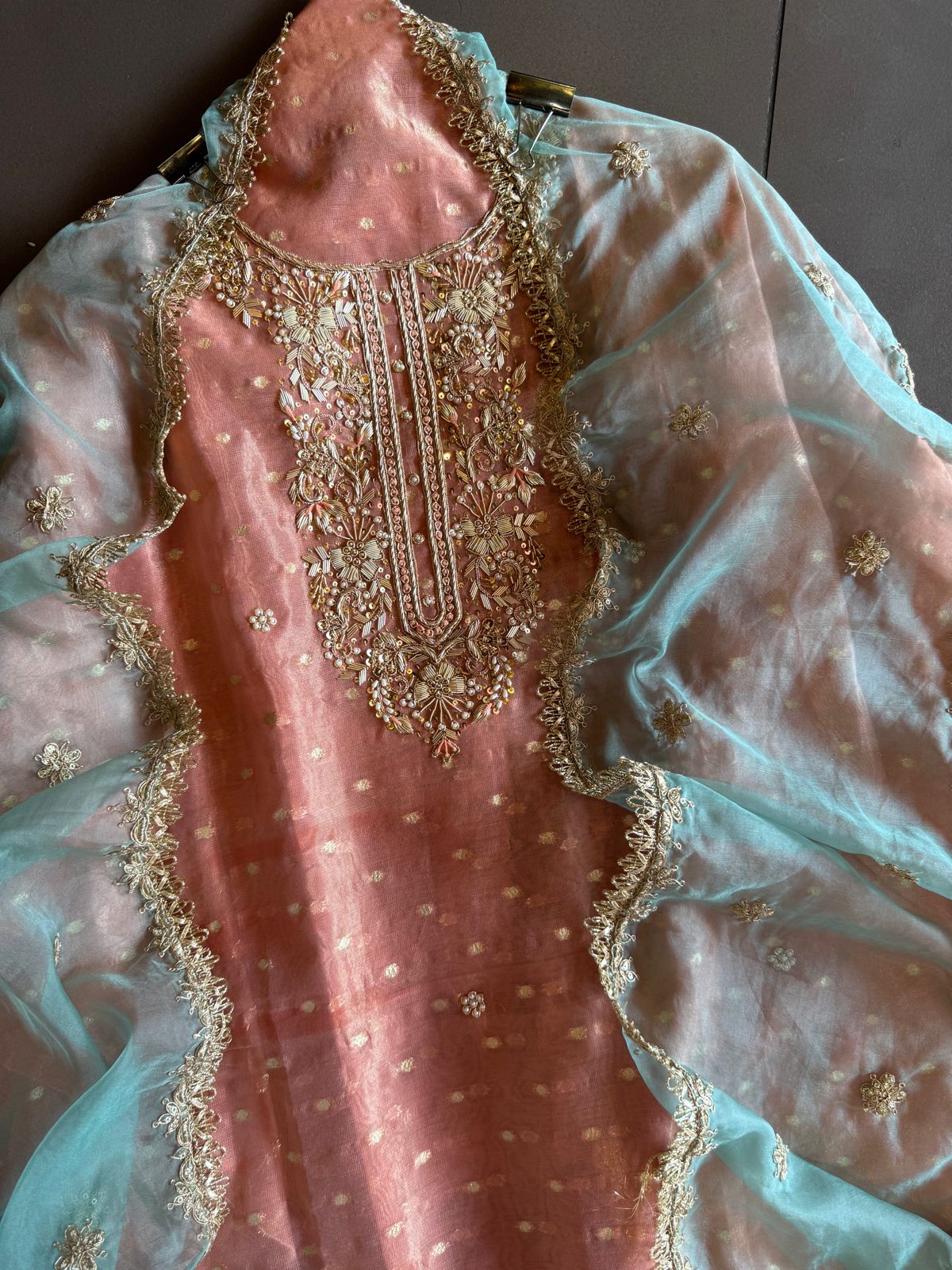 Pure chanderi Unstitched Shirt with Dabka work detailings with pearl and beadwork done on the neckline