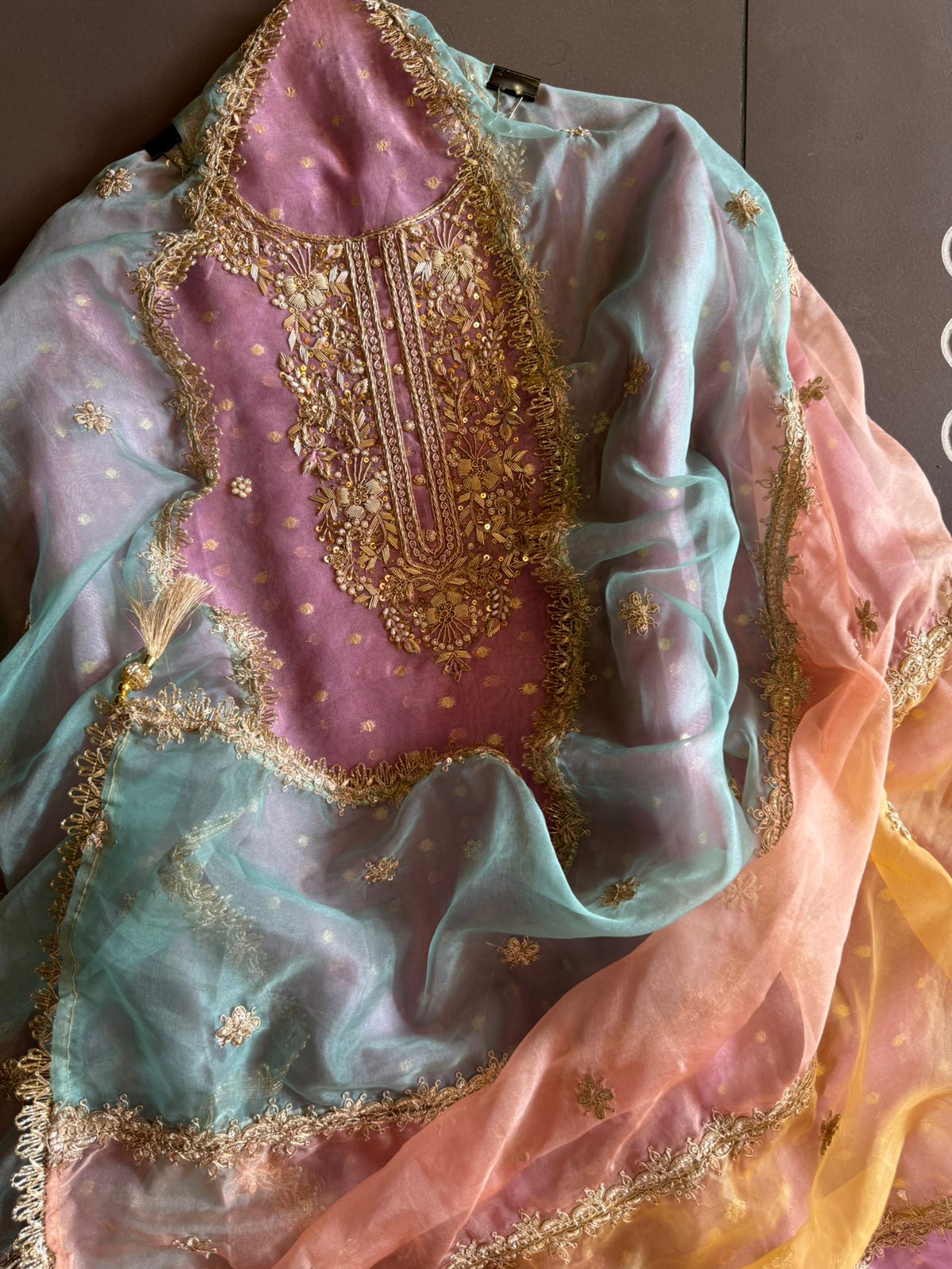 Pure chanderi Unstitched Shirt with Dabka work detailings with pearl and beadwork done on the neckline