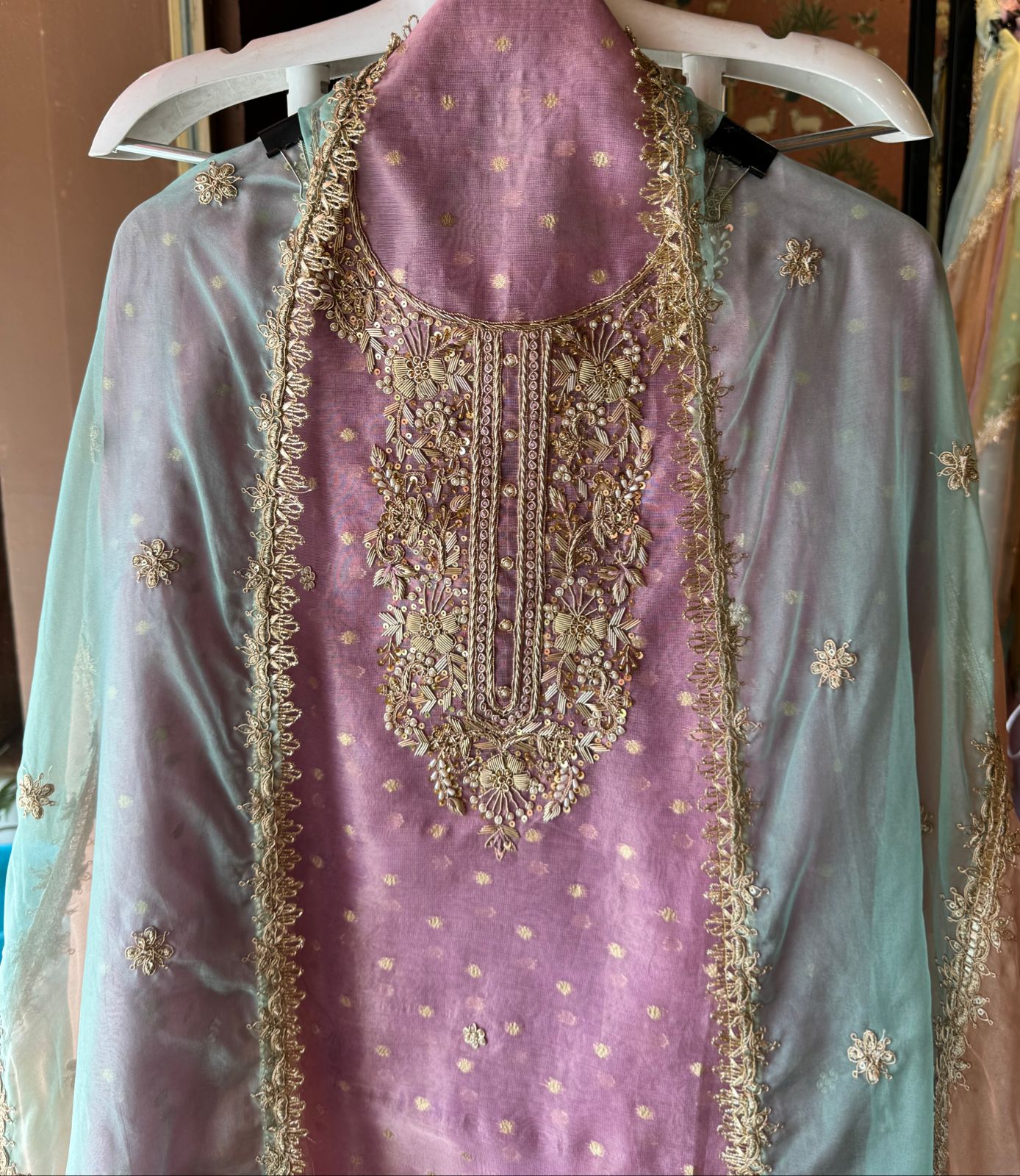 Pure chanderi Unstitched Shirt with Dabka work detailings with pearl and beadwork done on the neckline