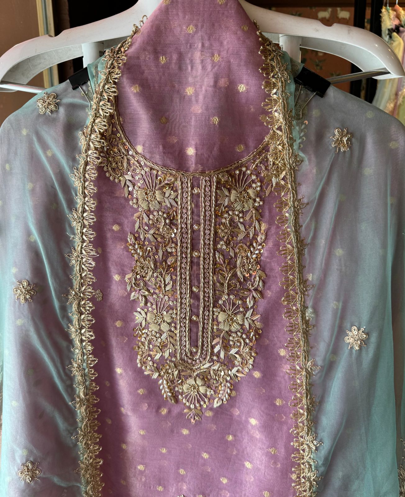 Pure chanderi Unstitched Shirt with Dabka work detailings with pearl and beadwork done on the neckline