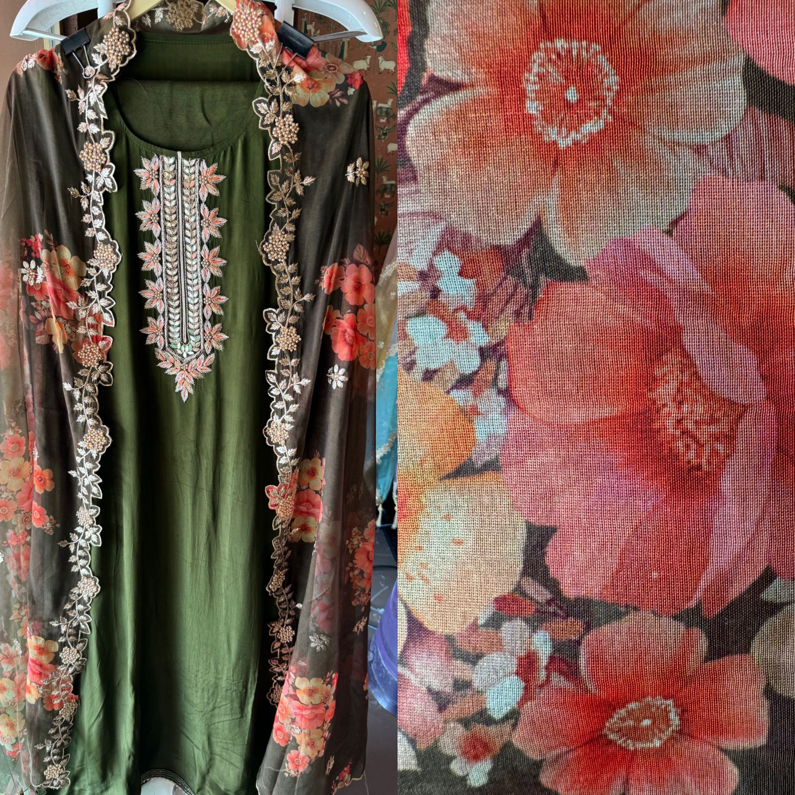 Pure crepe Shirt (Unstitched and full in size) with beautiful Neckwork done