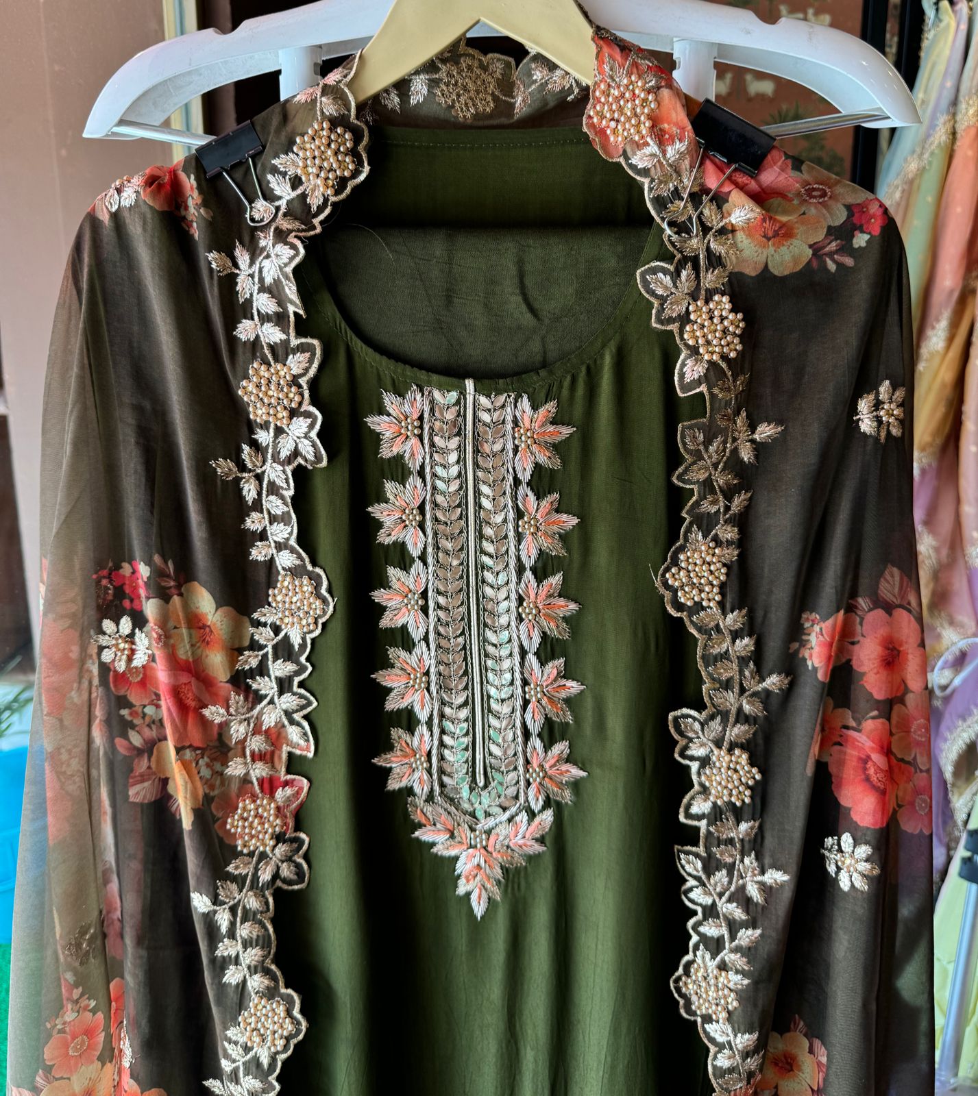 Pure crepe Shirt (Unstitched and full in size) with beautiful Neckwork done