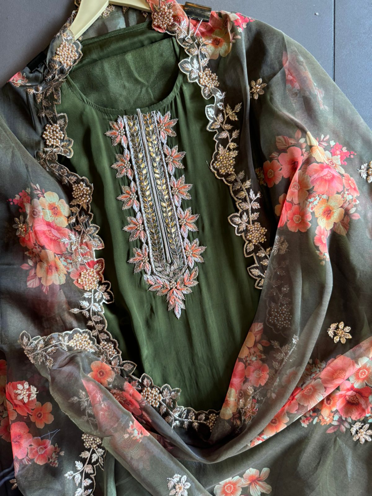 Pure crepe Shirt (Unstitched and full in size) with beautiful Neckwork done