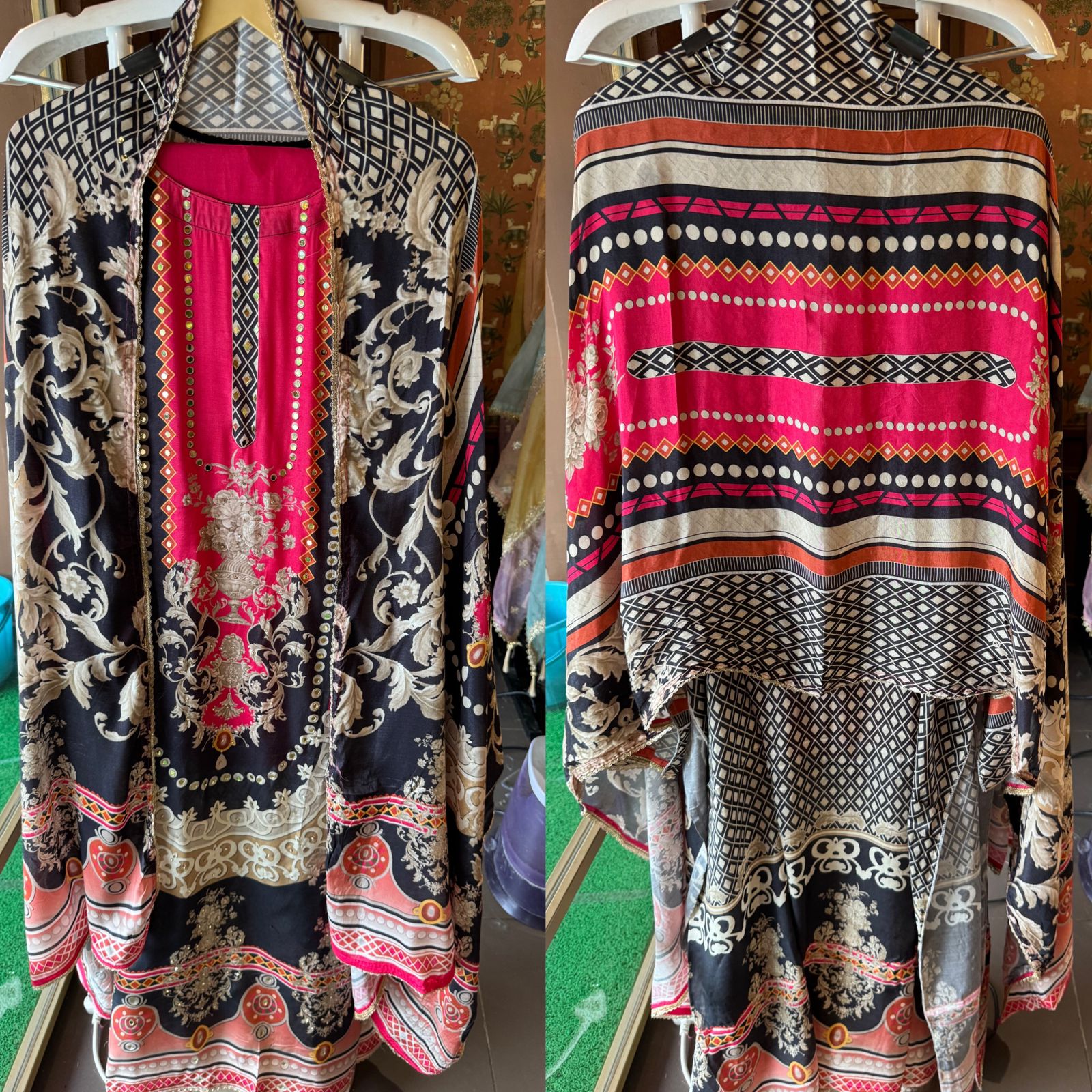 Muslin Silk digital printed Pakistani semi stitched Suit with original mirror work highlighting on the shirt front