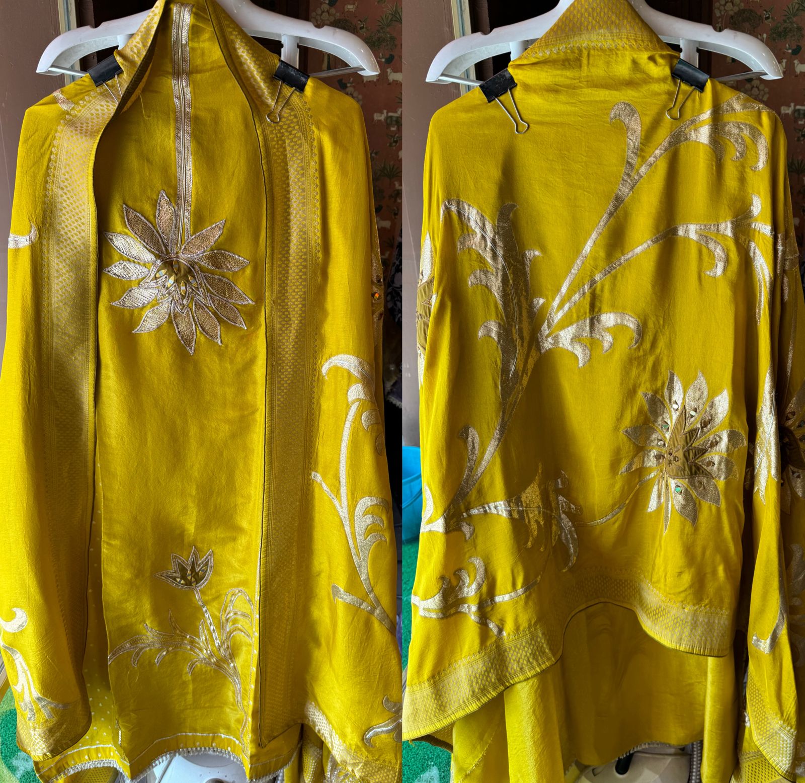 Pure Shimmer Tissue Unstitched Shirt with designer neckline with gotta Detailimgs and A flower design on the neck front with sequence and thread work done.