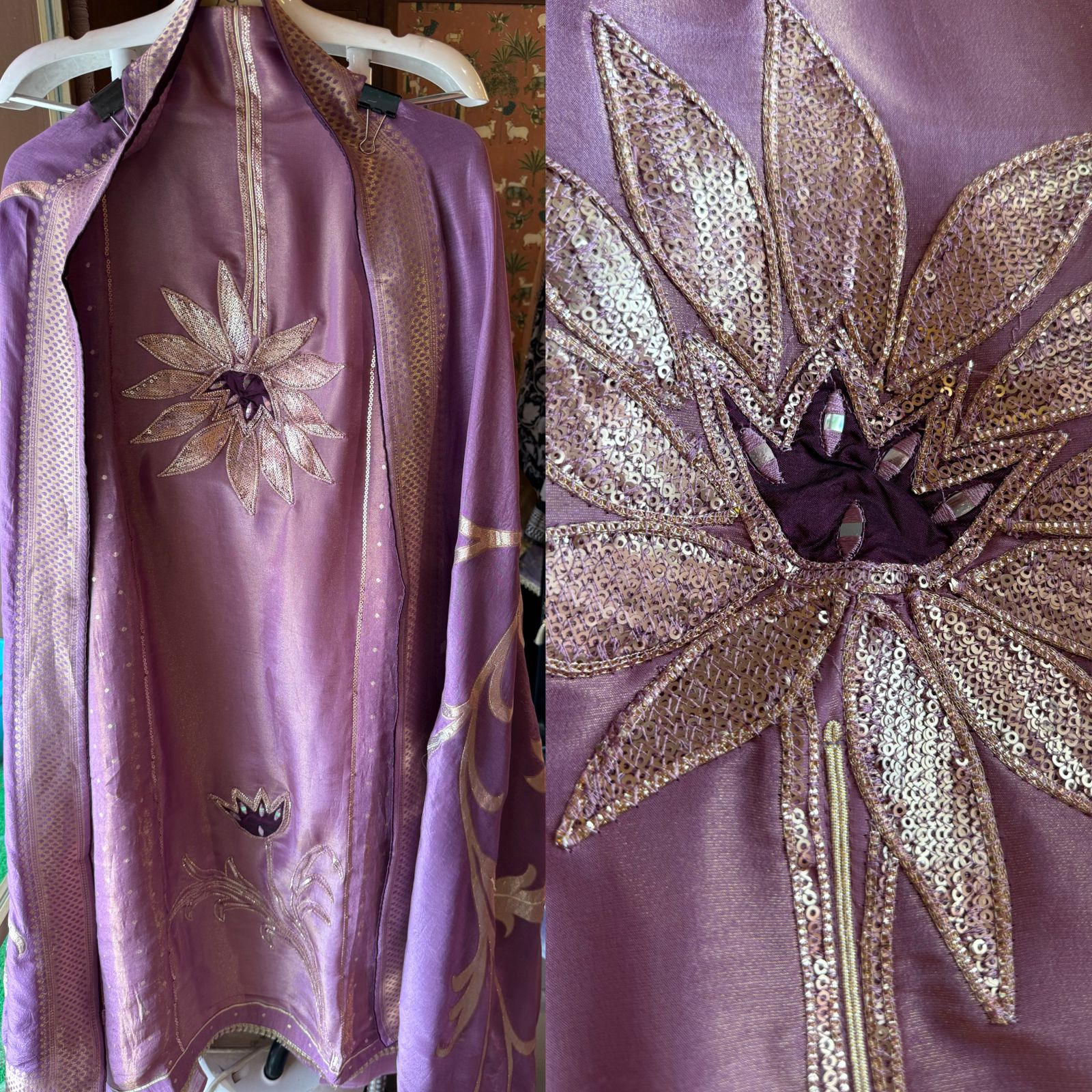 Pure Shimmer Tissue Unstitched Shirt with designer neckline with gotta Detailimgs and A flower design on the neck front with sequence and thread work done.