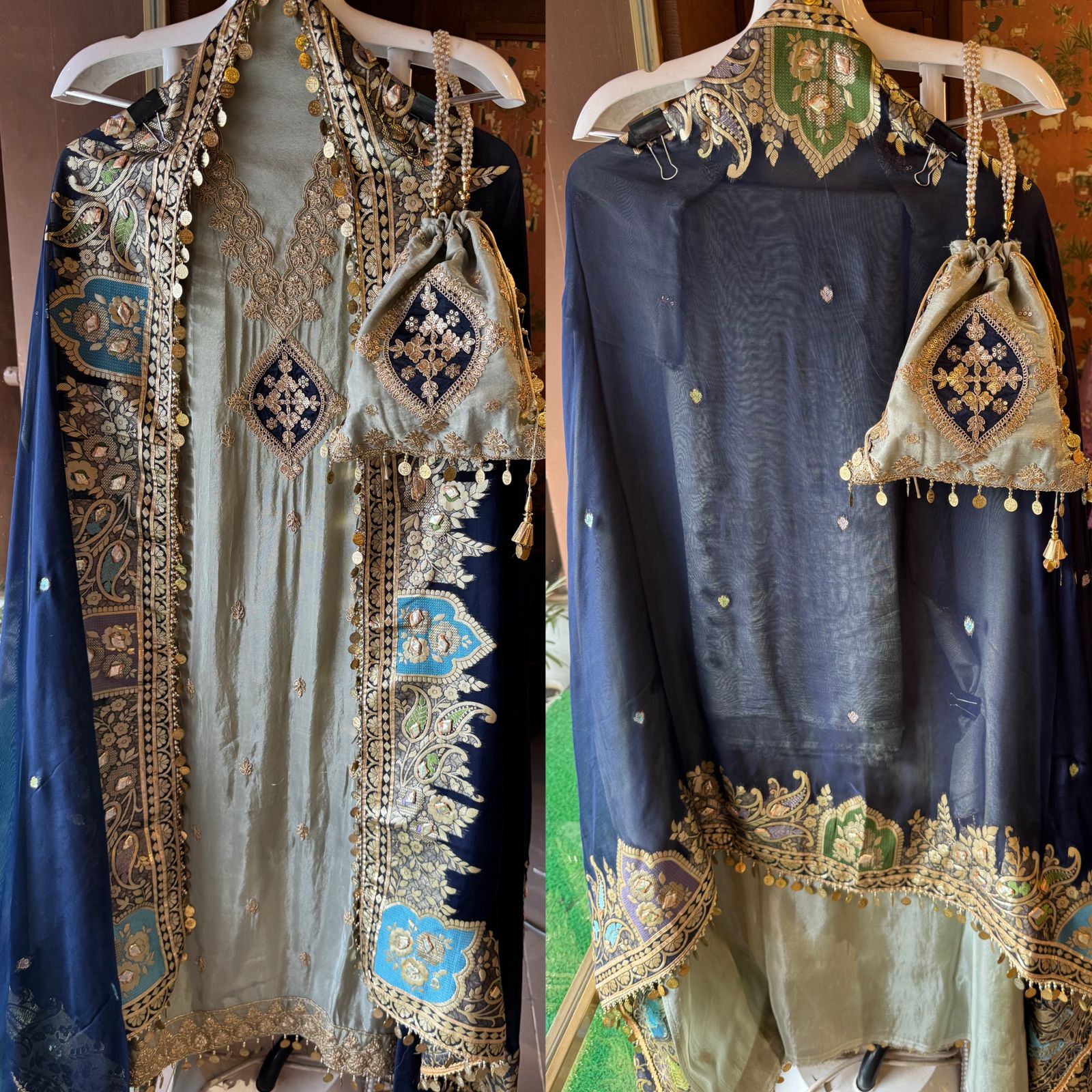 Pure 100% soft  tissue Unstitched shirt with zari & Sequence Embroidery done