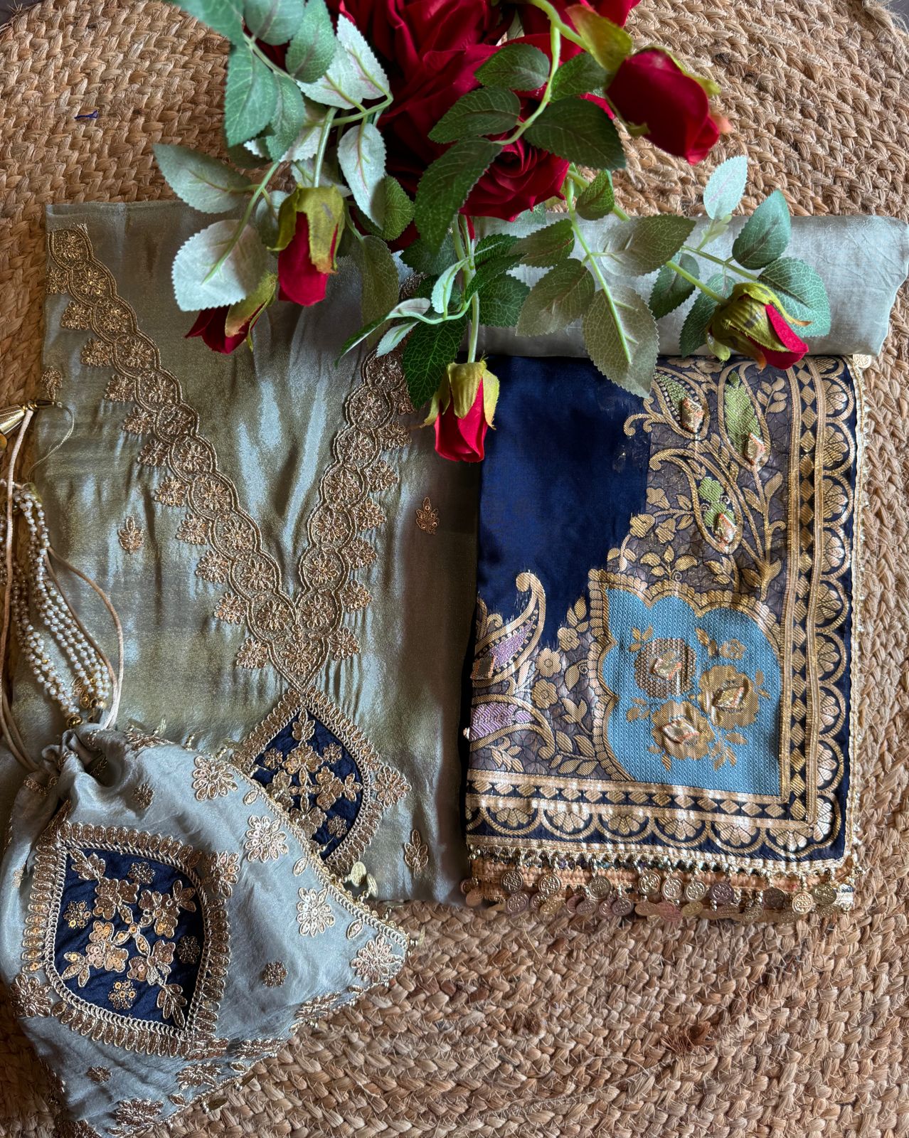 Pure 100% soft  tissue Unstitched shirt with zari & Sequence Embroidery done