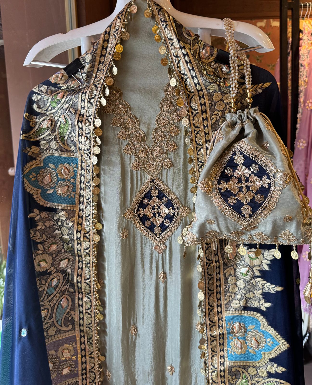 Pure 100% soft  tissue Unstitched shirt with zari & Sequence Embroidery done