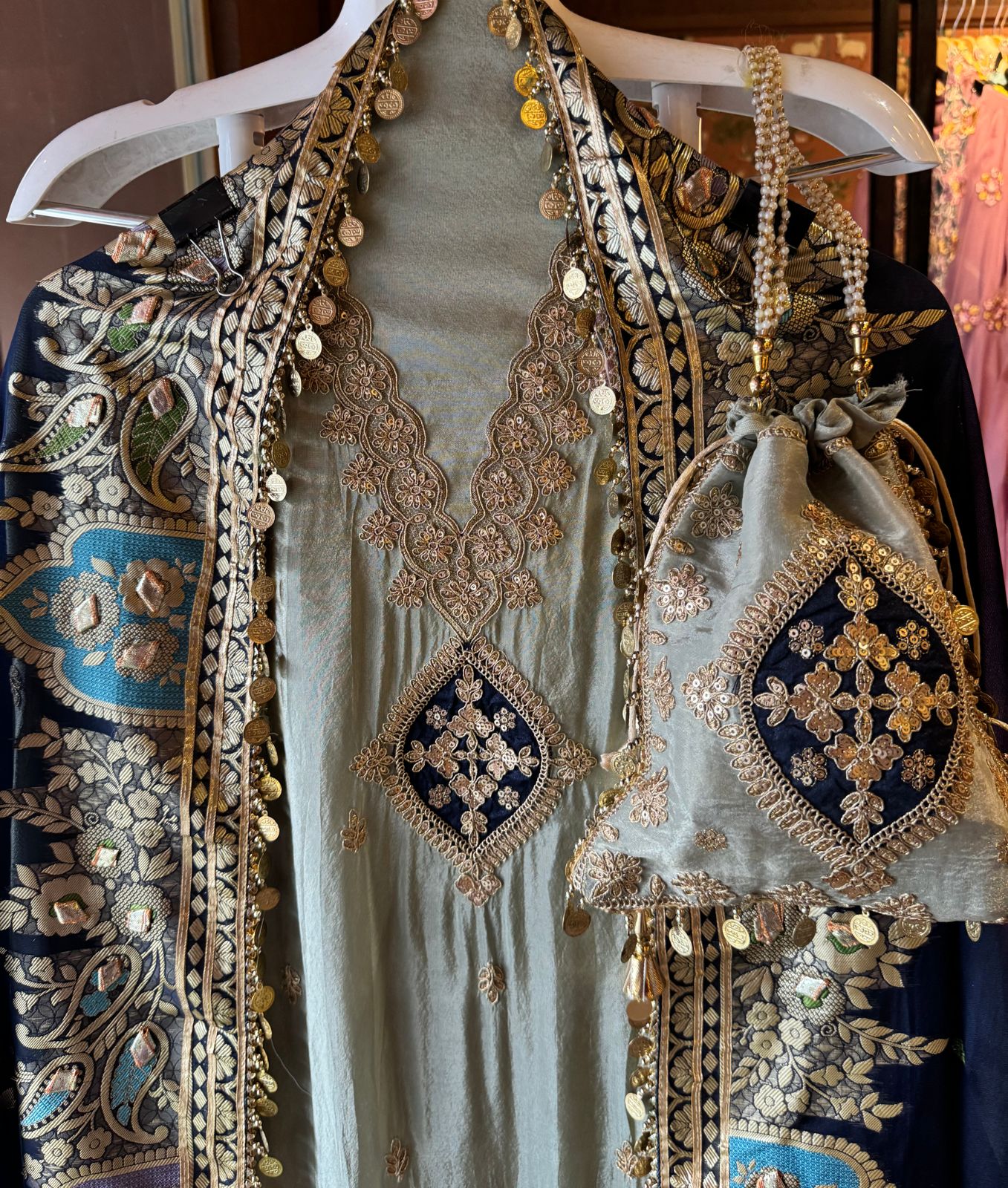 Pure 100% soft  tissue Unstitched shirt with zari & Sequence Embroidery done