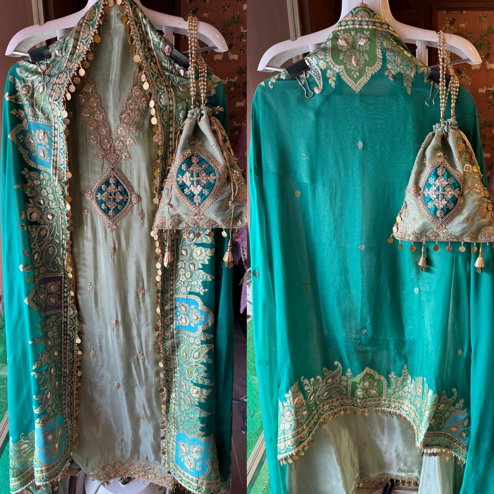 Pure 100% soft  tissue Unstitched shirt with zari & Sequence Embroidery done