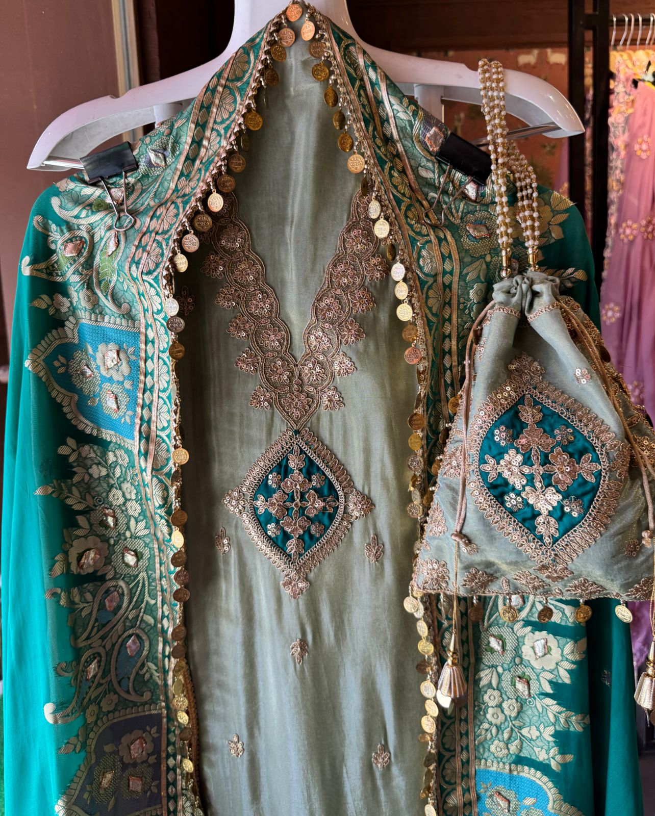 Pure 100% soft  tissue Unstitched shirt with zari & Sequence Embroidery done