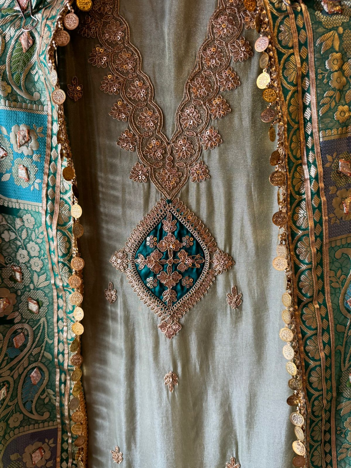 Pure 100% soft  tissue Unstitched shirt with zari & Sequence Embroidery done