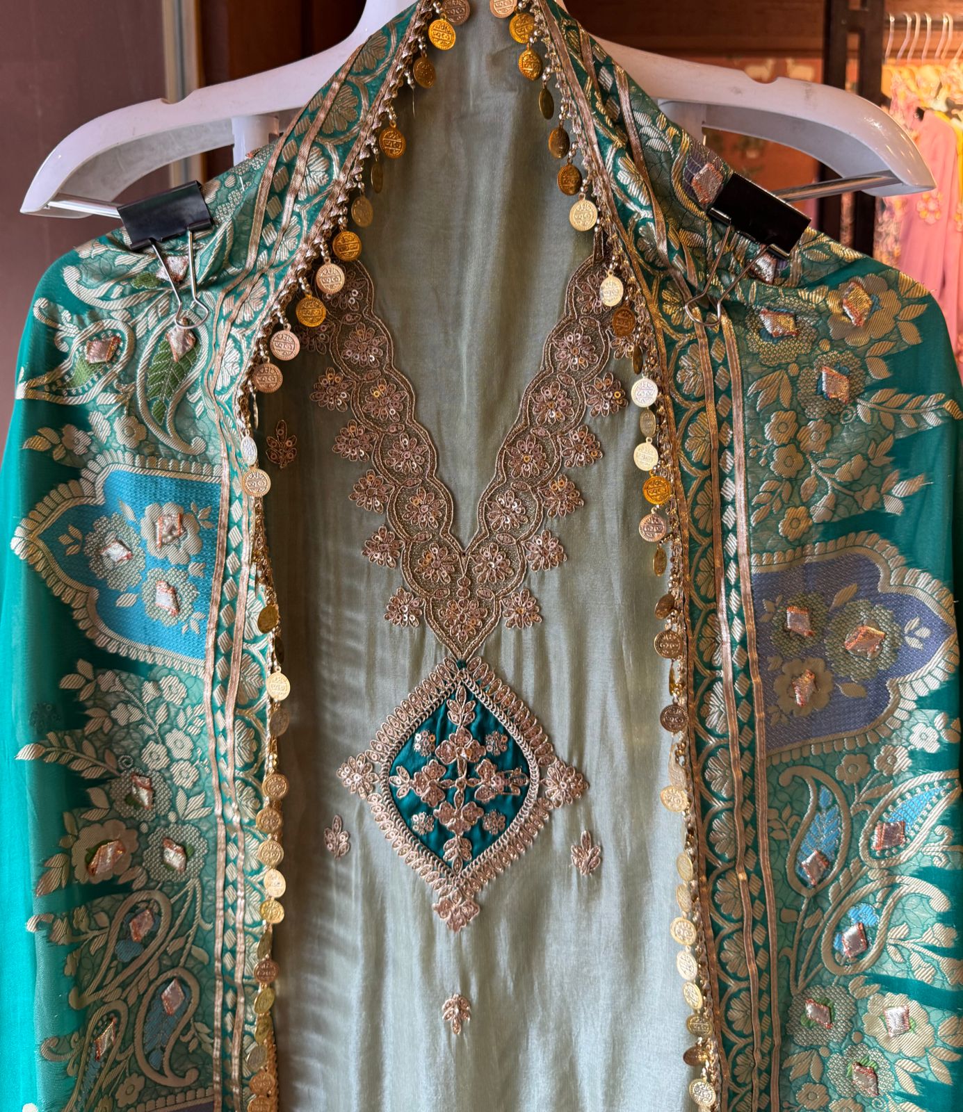 Pure 100% soft  tissue Unstitched shirt with zari & Sequence Embroidery done