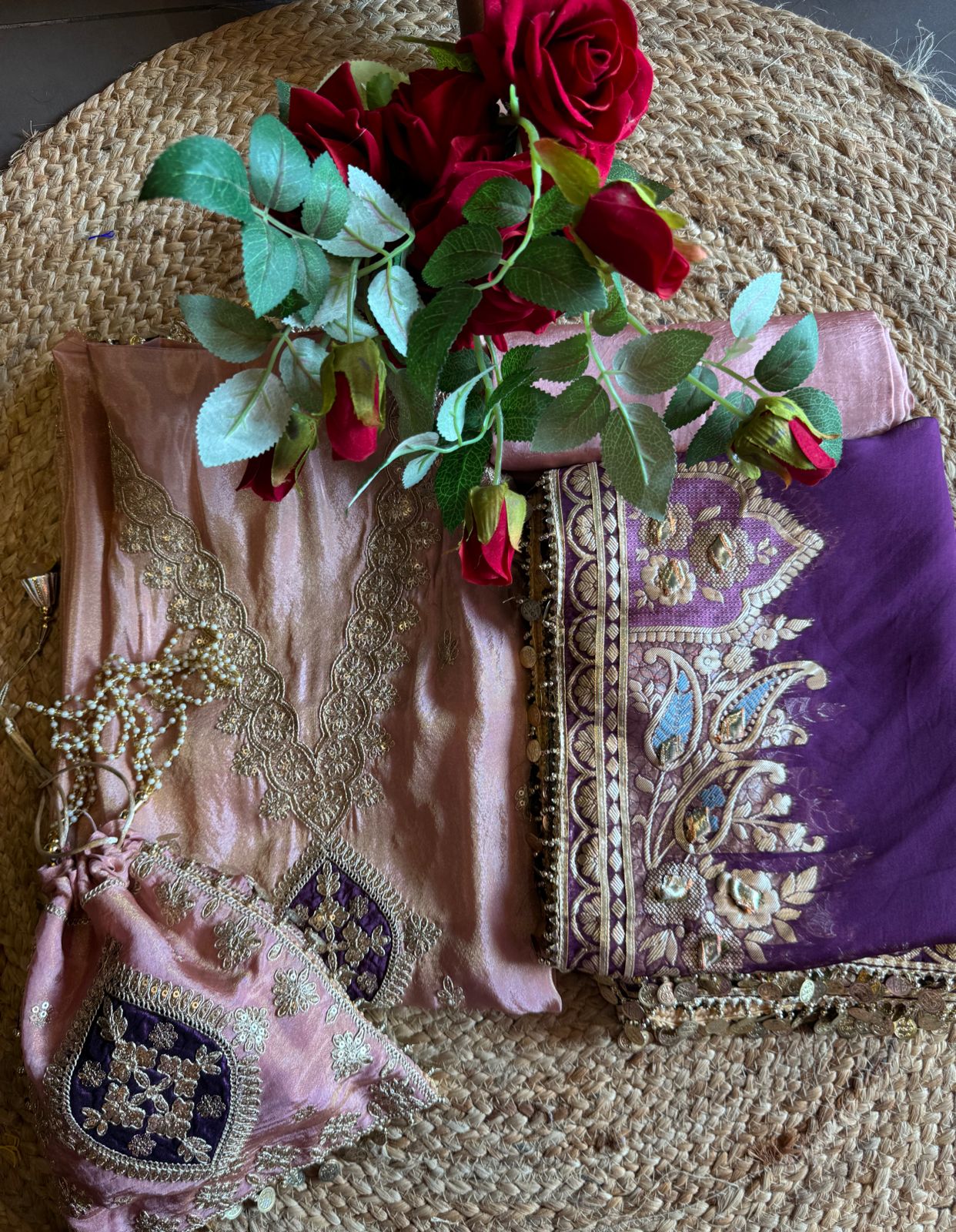 Pure 100% soft  tissue Unstitched shirt with zari & Sequence Embroidery done