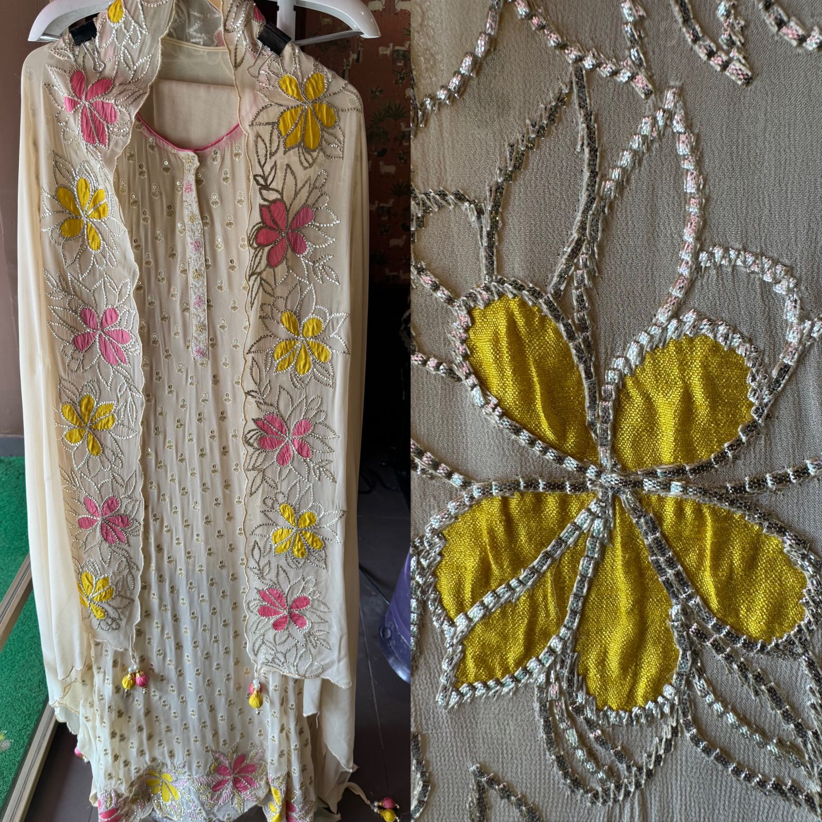 Pure Georgette Shirt with heavily embroidered booties