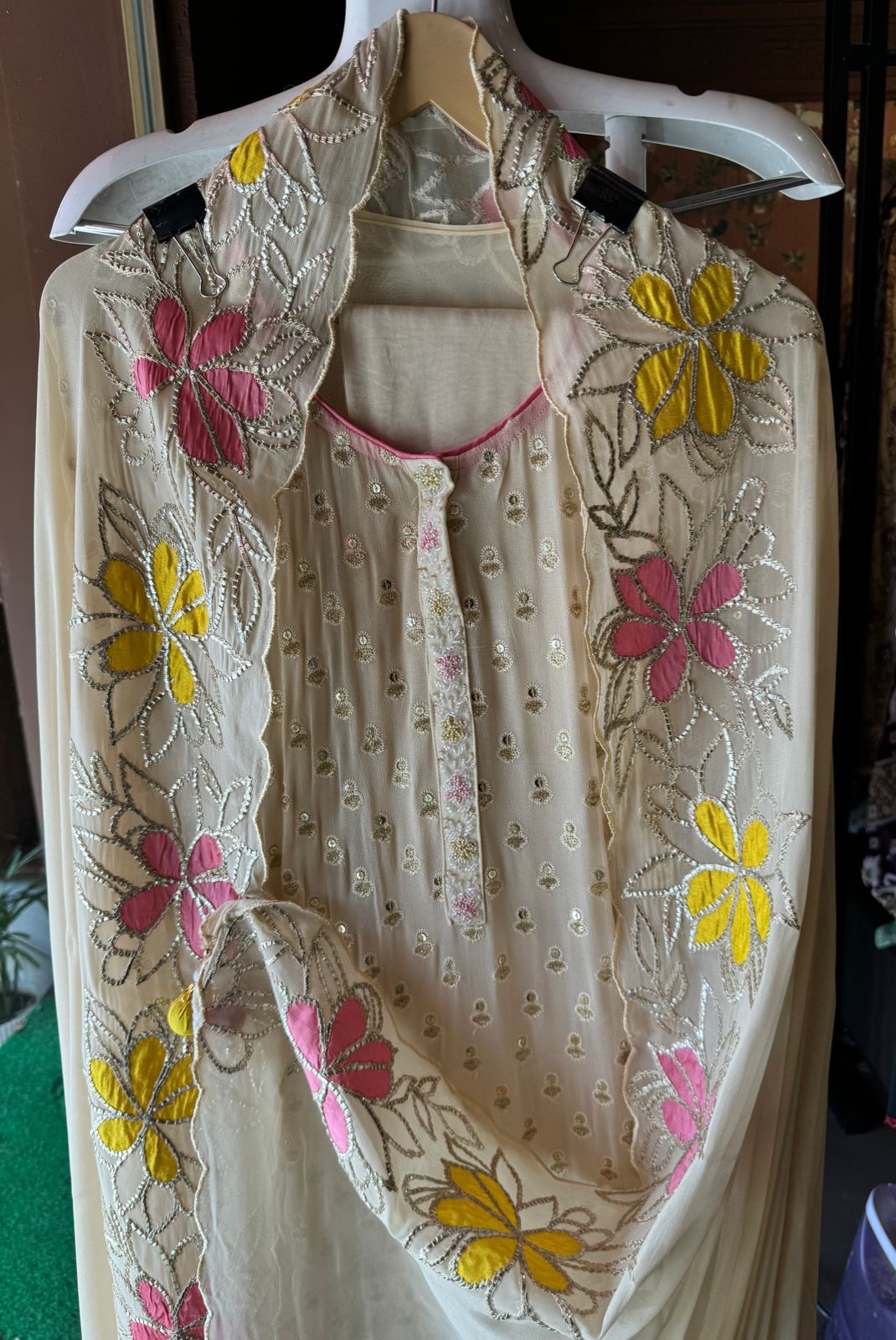 Pure Georgette Shirt with heavily embroidered booties