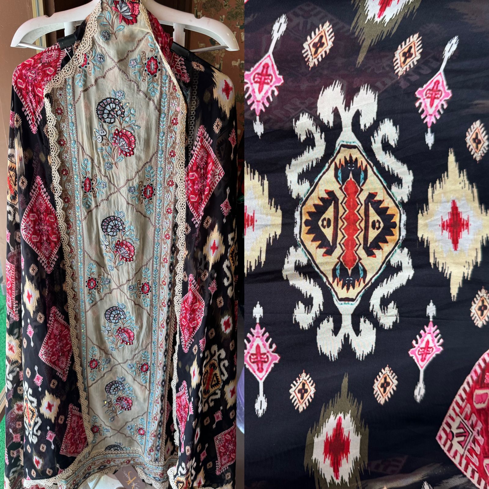 Digital Ikkat printed unstitched suit concept with thread work