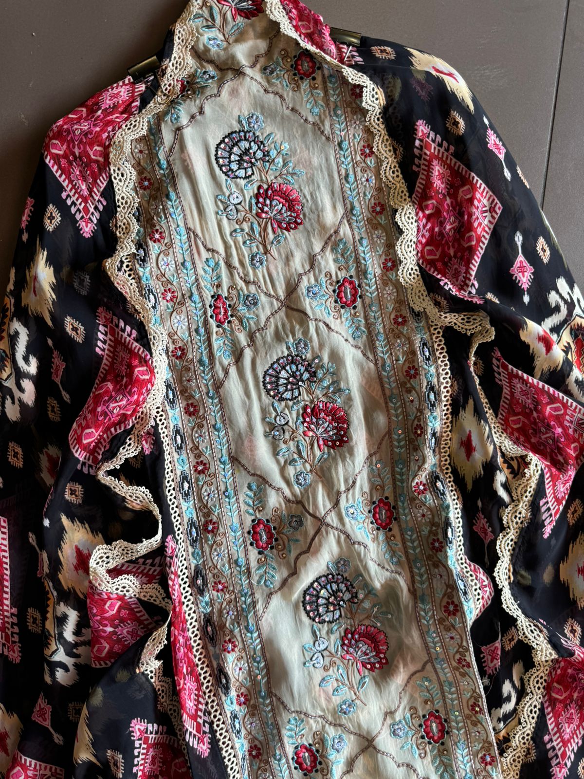 Digital Ikkat printed unstitched suit concept with thread work