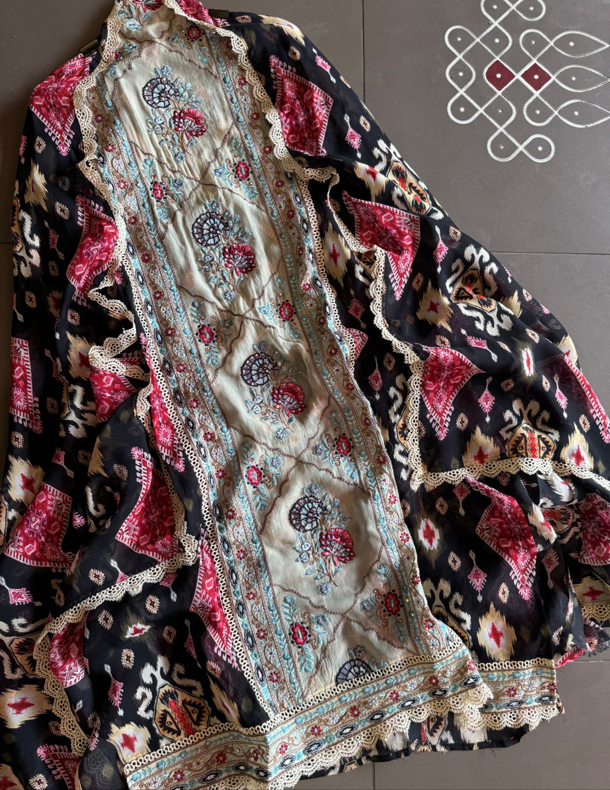 Digital Ikkat printed unstitched suit concept with thread work