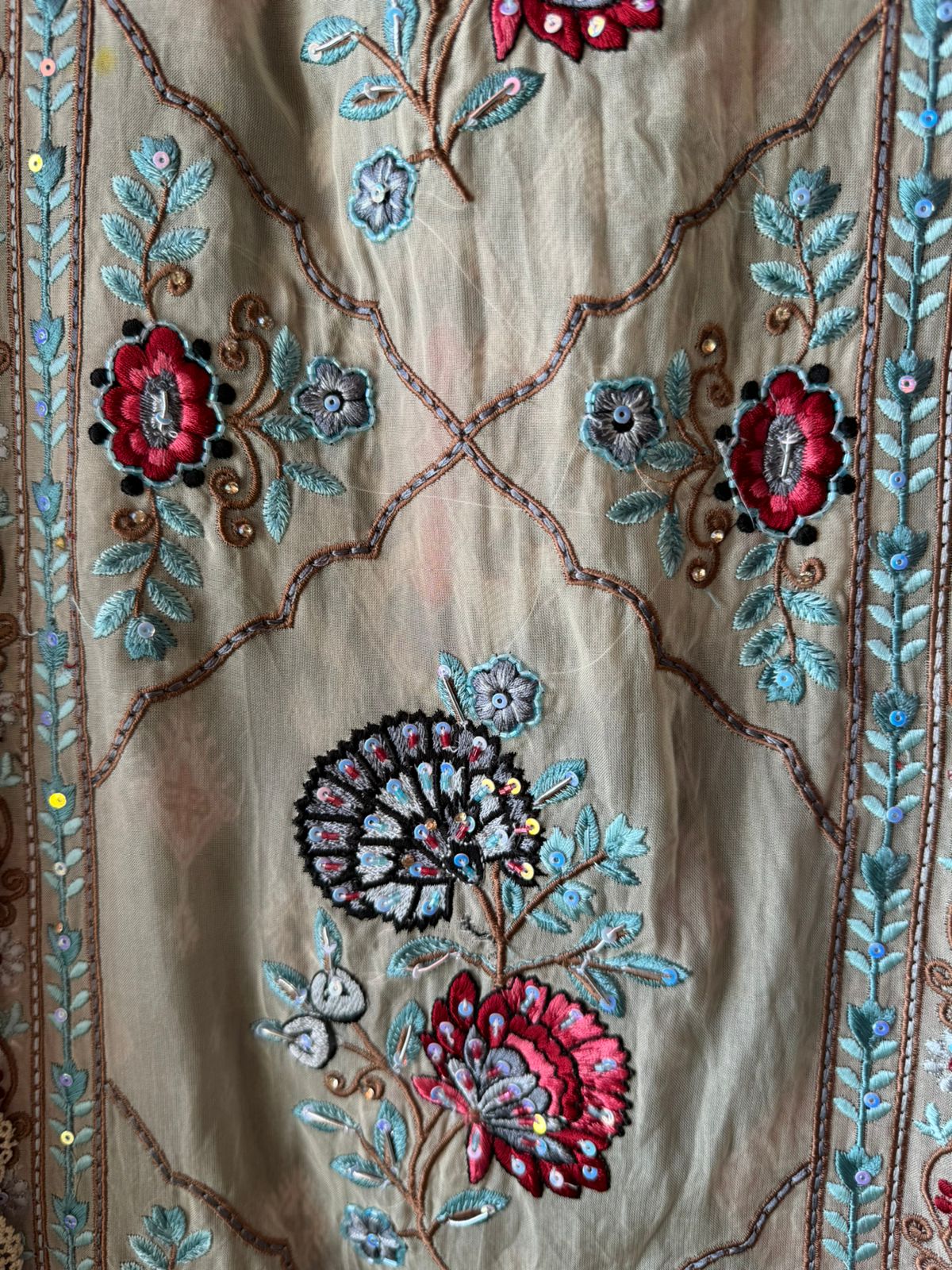 Digital Ikkat printed unstitched suit concept with thread work