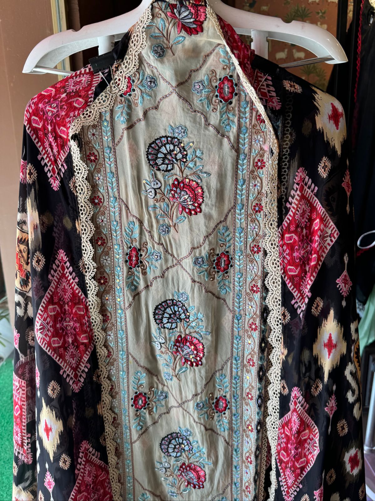 Digital Ikkat printed unstitched suit concept with thread work