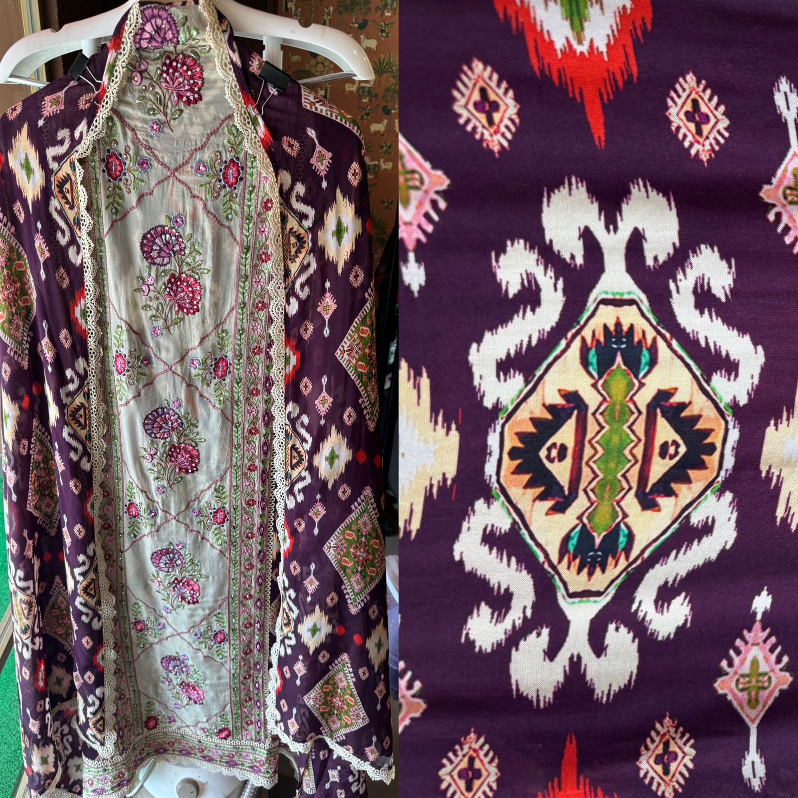 Digital Ikkat printed unstitched suit concept with thread work