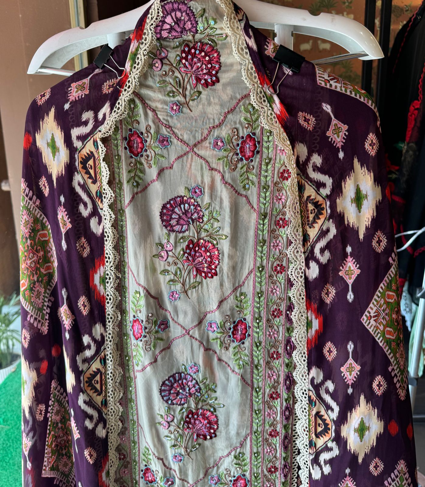 Digital Ikkat printed unstitched suit concept with thread work