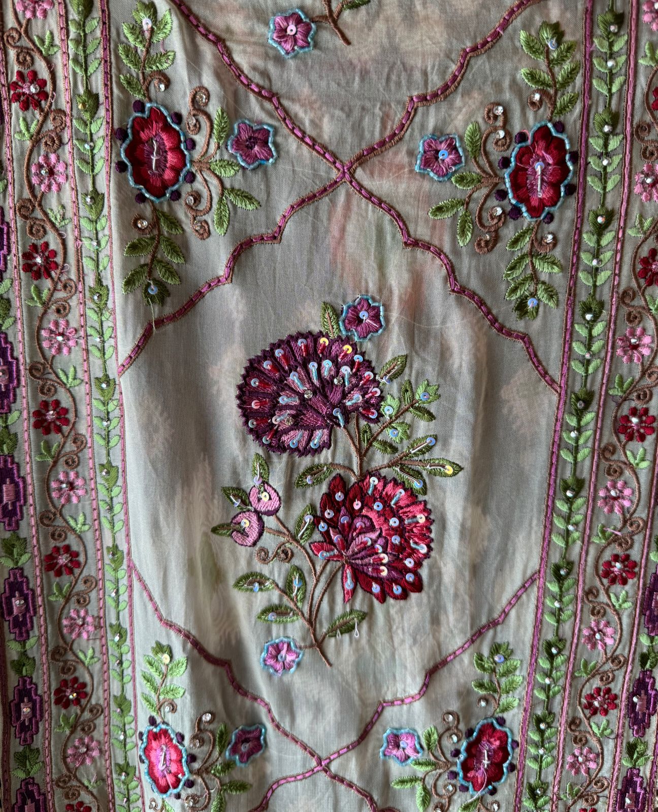 Digital Ikkat printed unstitched suit concept with thread work