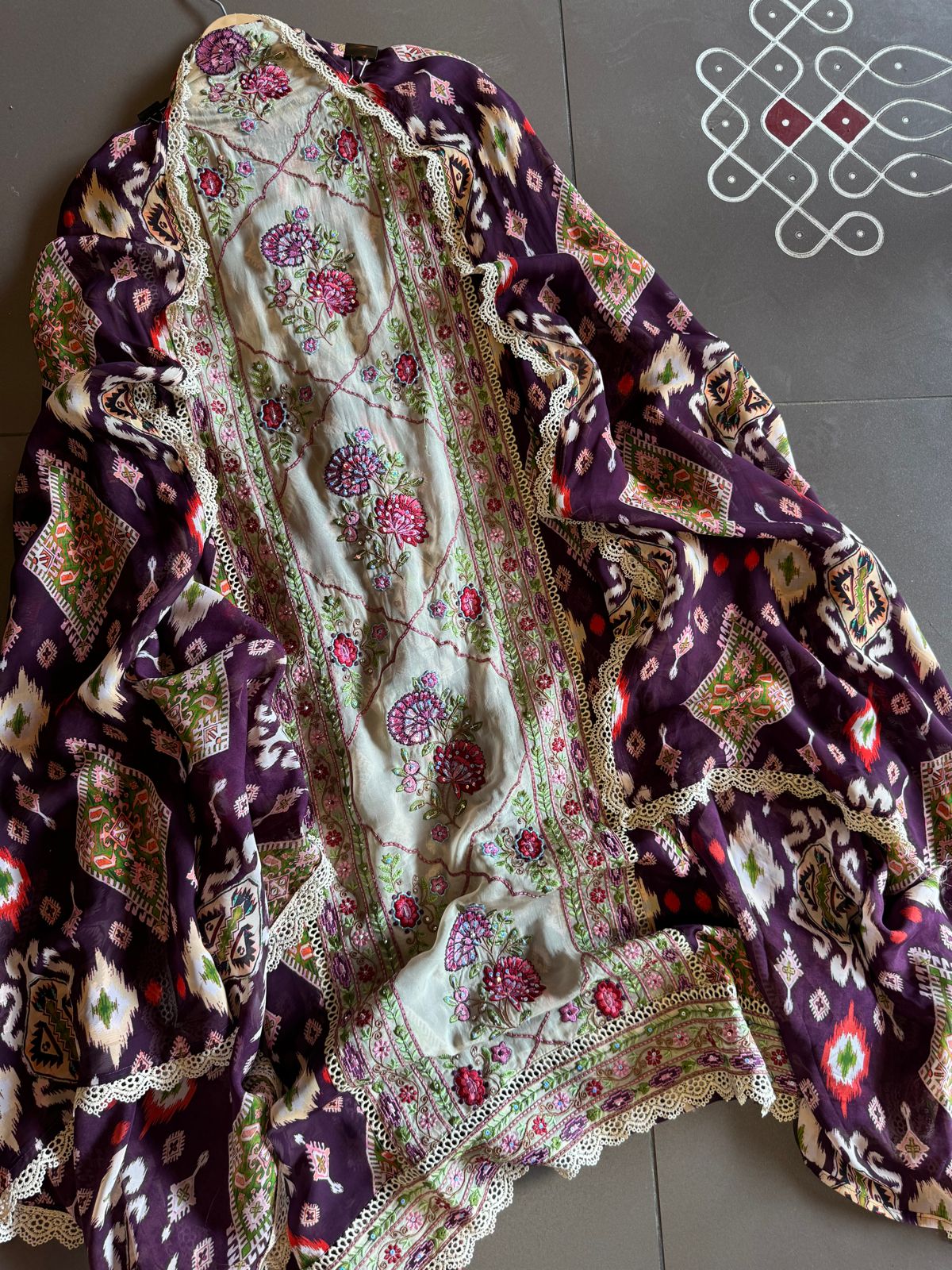 Digital Ikkat printed unstitched suit concept with thread work