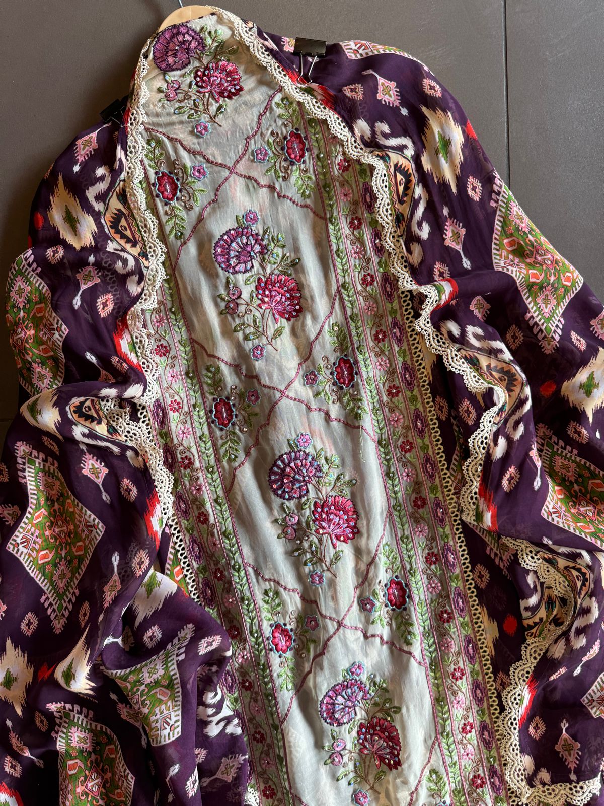 Digital Ikkat printed unstitched suit concept with thread work