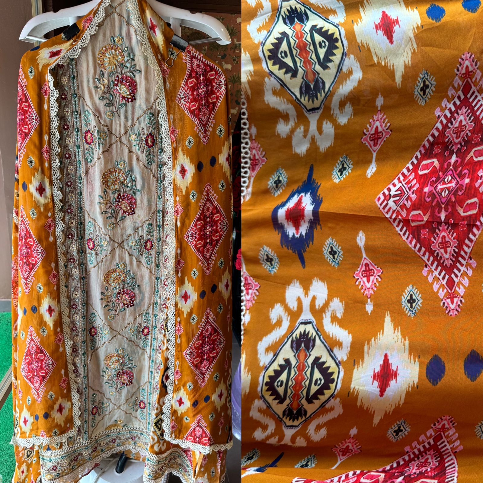 Digital Ikkat printed unstitched suit concept with thread work